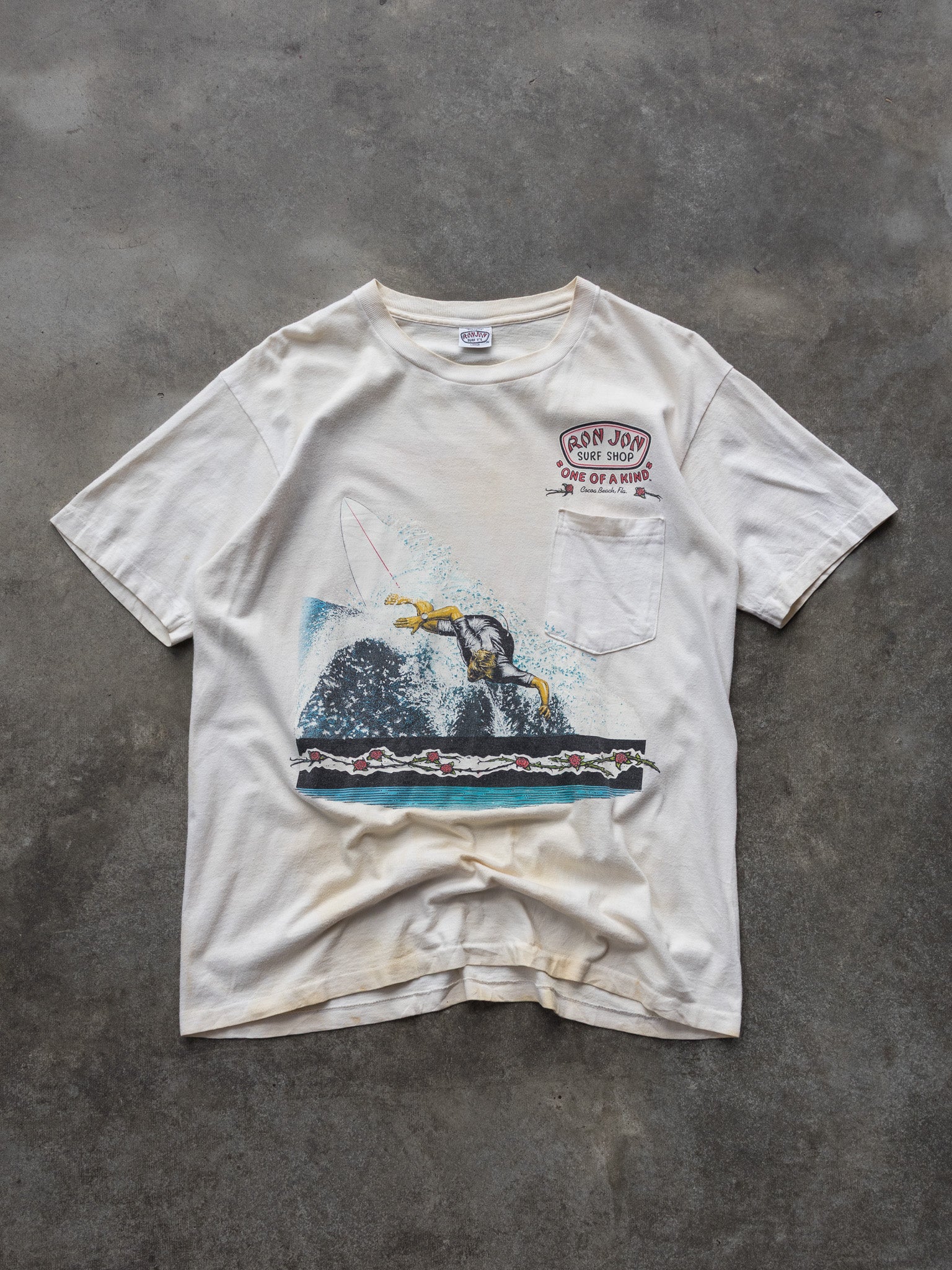 Vintage Thrashed 1993 White Ron Jon Surf Shop Pocket Tee (L)