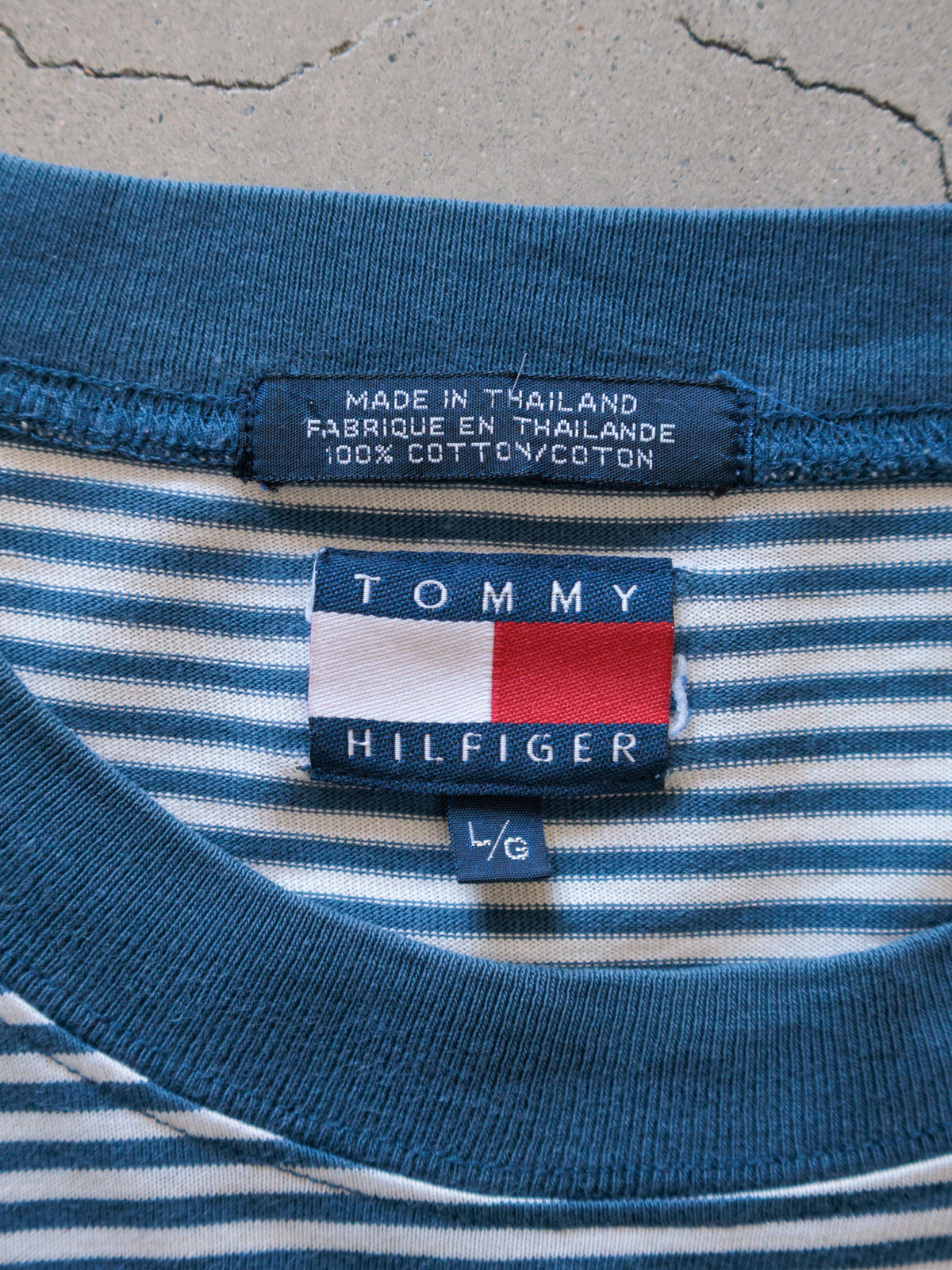 Vintage 00s Blue Striped Tommy Hilfiger Pocket Tee (L)