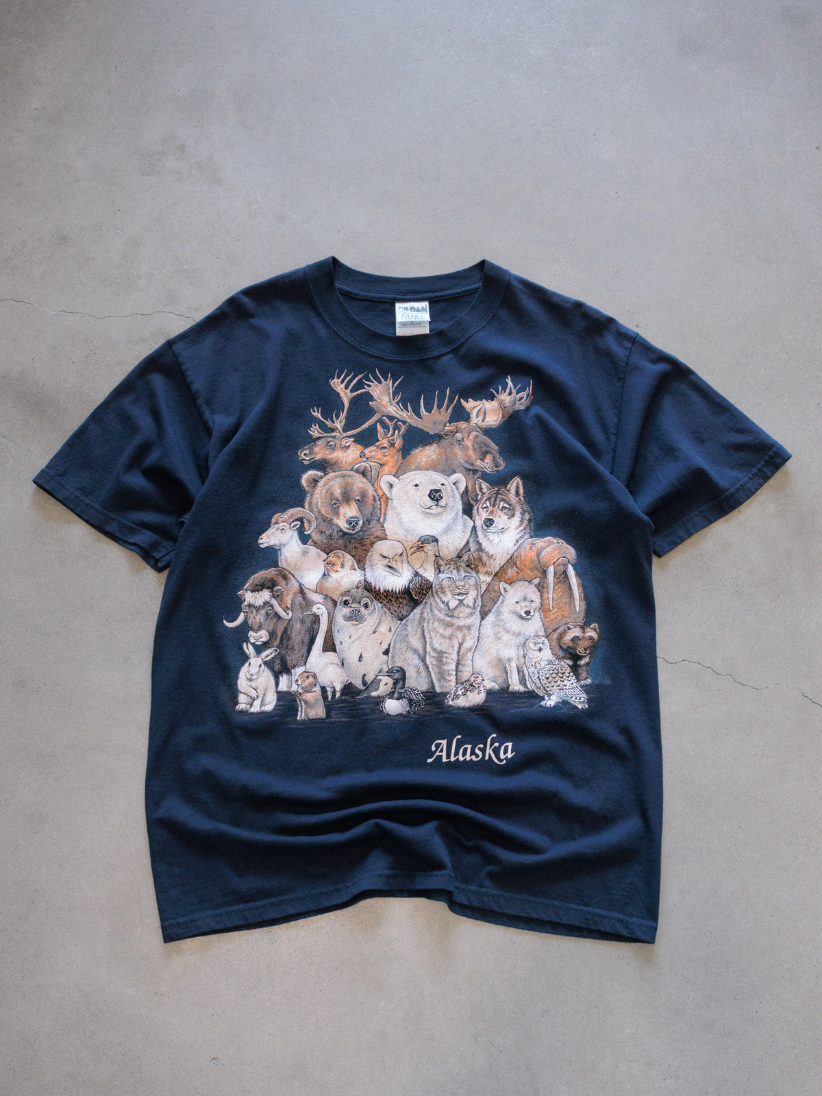 Vintage 00s Navy Alaska Animal Collage Tee (L)