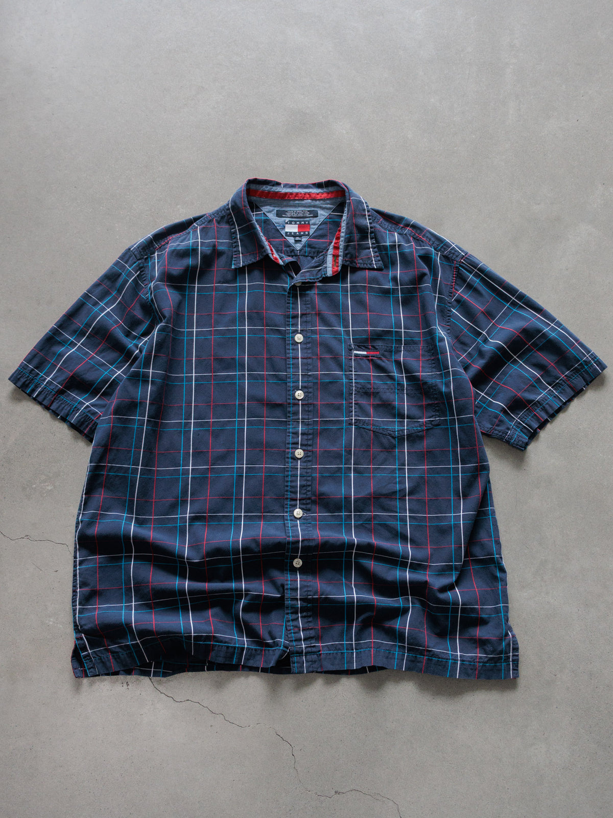 Vintage 90s Navy Plaid Tommy Jeans Short Sleeve Shirt (XL)