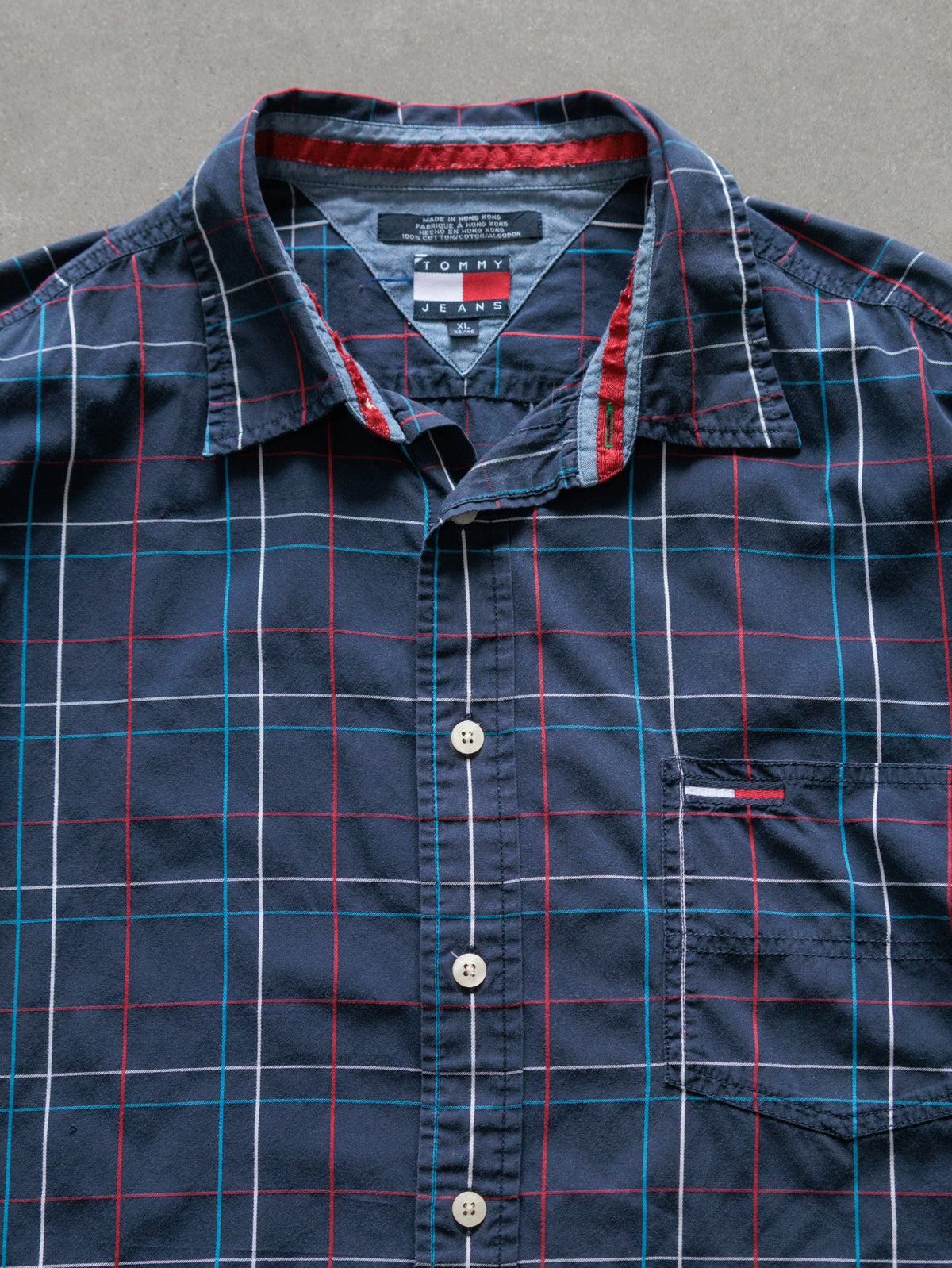 Vintage 90s Navy Plaid Tommy Jeans Short Sleeve Shirt (XL)