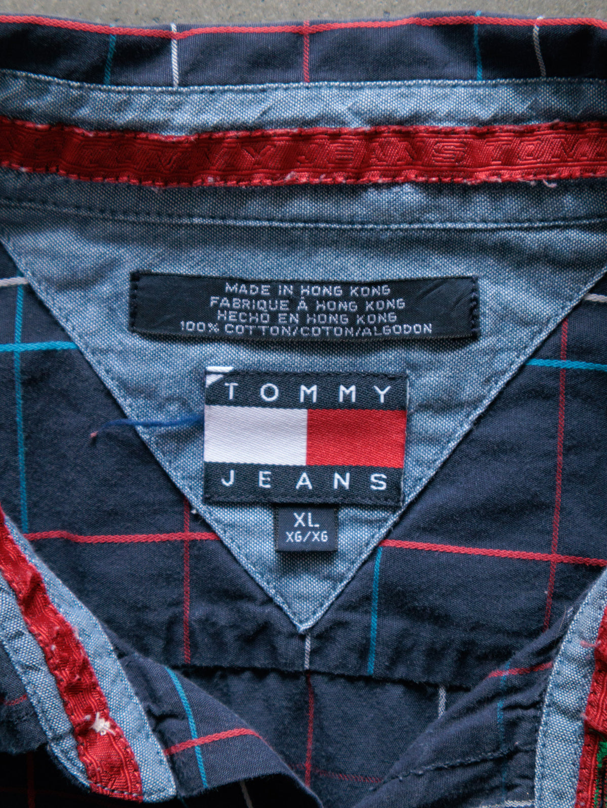 Vintage 90s Navy Plaid Tommy Jeans Short Sleeve Shirt (XL)