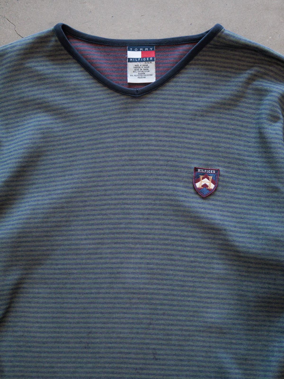 Vintage 90s Green Striped Tommy Hilfiger Long Sleeve Tee (M)