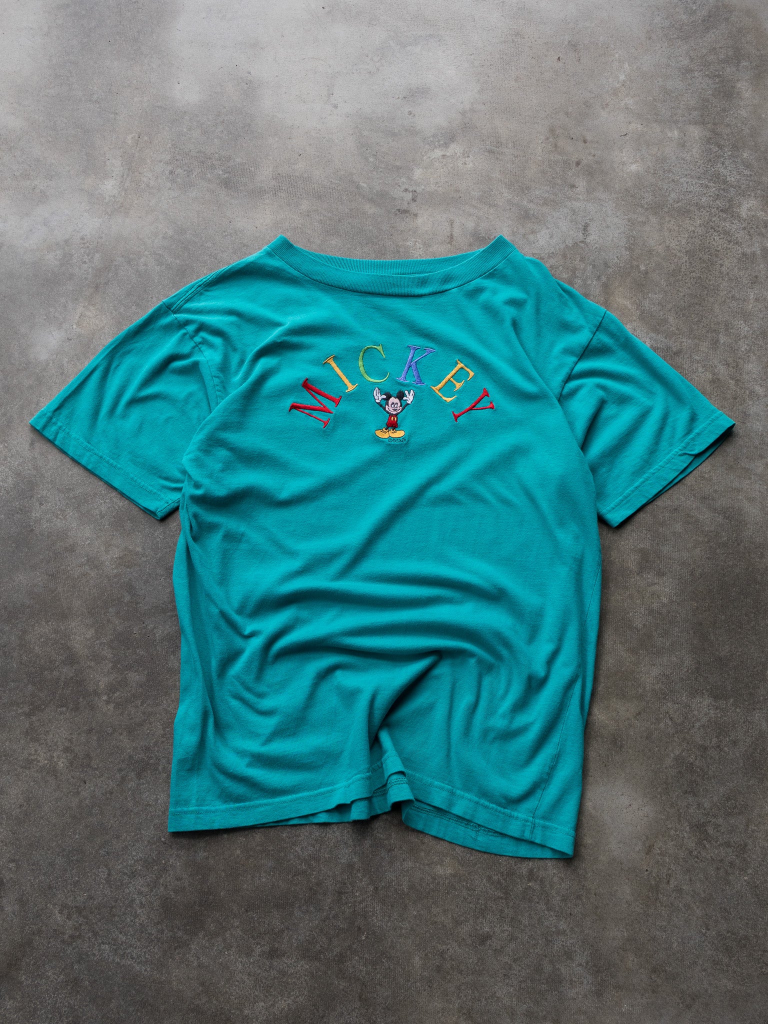 Vintage 90s Teal Mickey Rainbow Spell Out Tee (L)