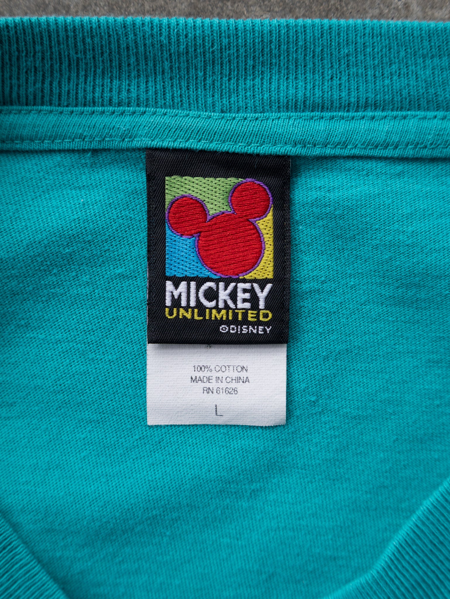 Vintage 90s Teal Mickey Rainbow Spell Out Tee (L)