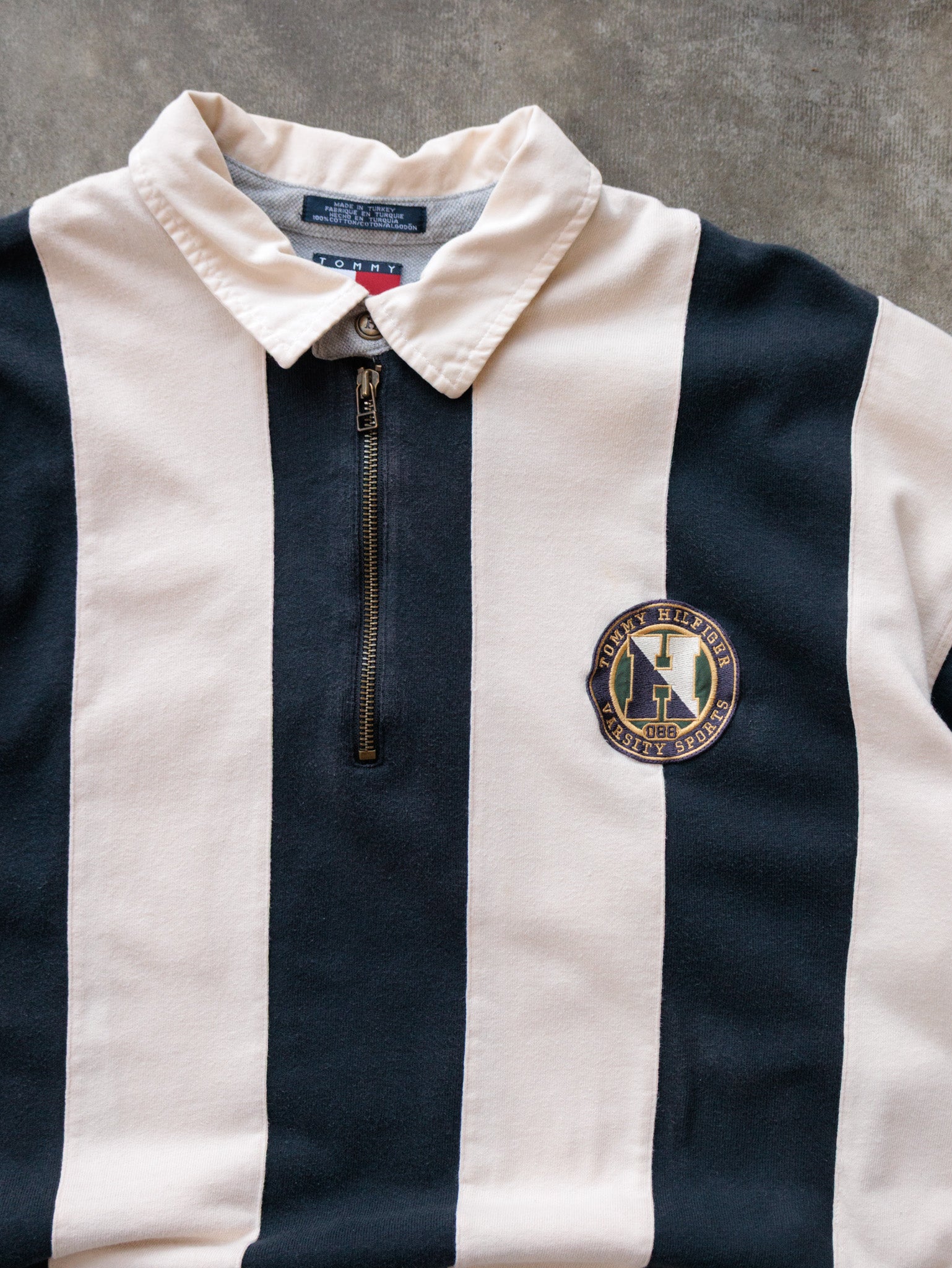Vintage 90s Navy Striped Tommy Hilfiger Rugby Shirt (XL)