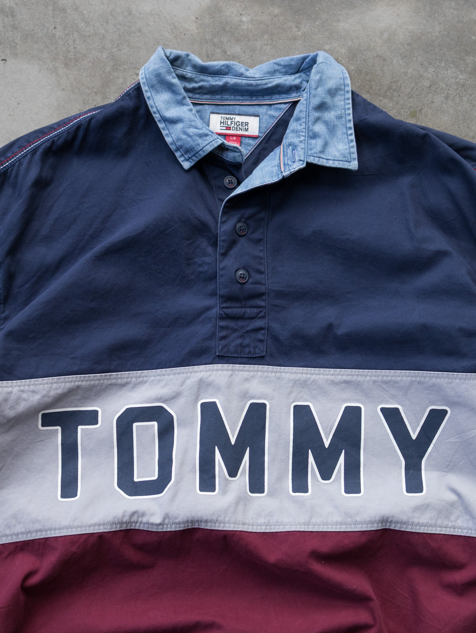 Vintage 00s Tommy Hilfiger Denim Spell Out Long Sleeve Polo (L)