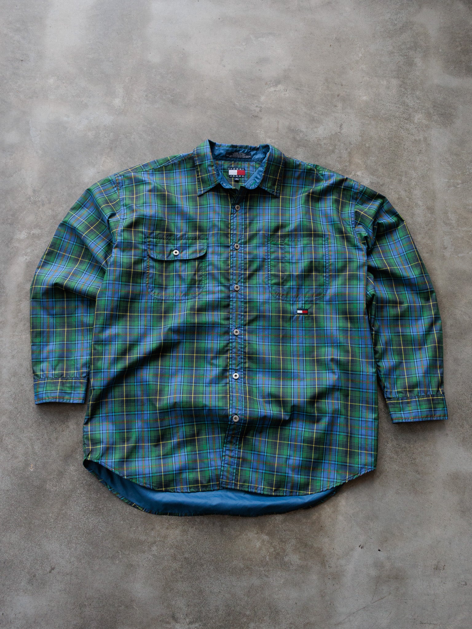 Vintage 00s Green Plaid Tommy Jeans Shirt Jacket (XL)