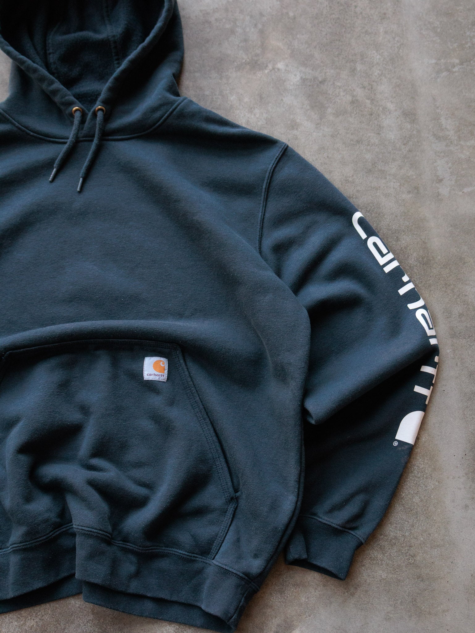 Vintage Navy Carhartt Sleeve Spell Out Hoodie (L)
