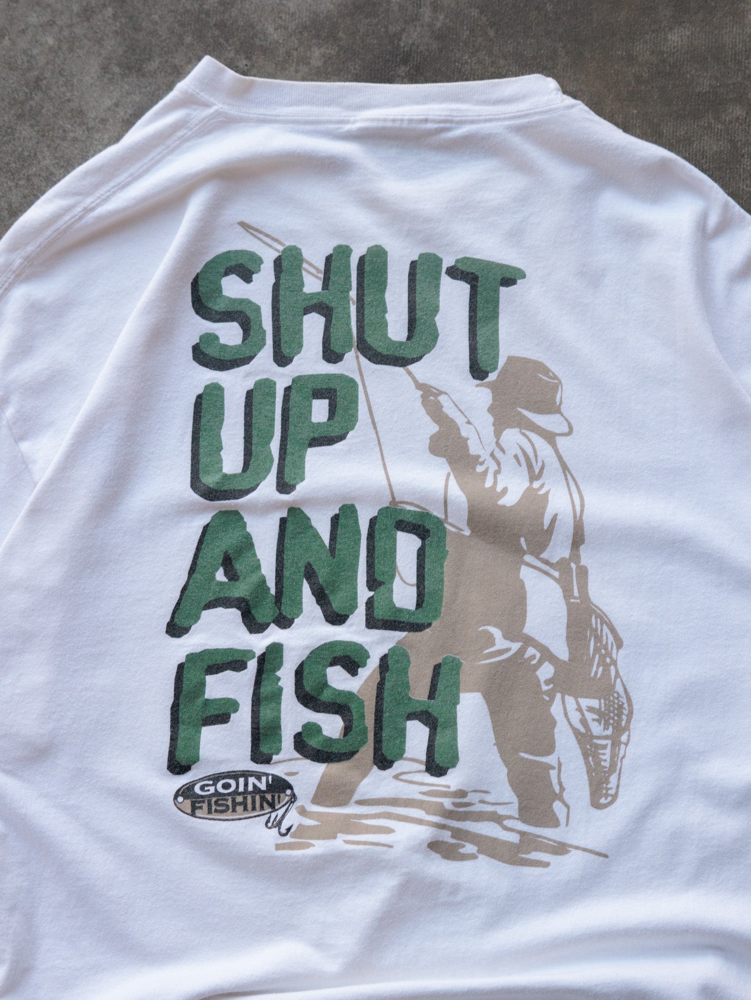 Vintage White Shut Up & Fish Slogan Tee (-)