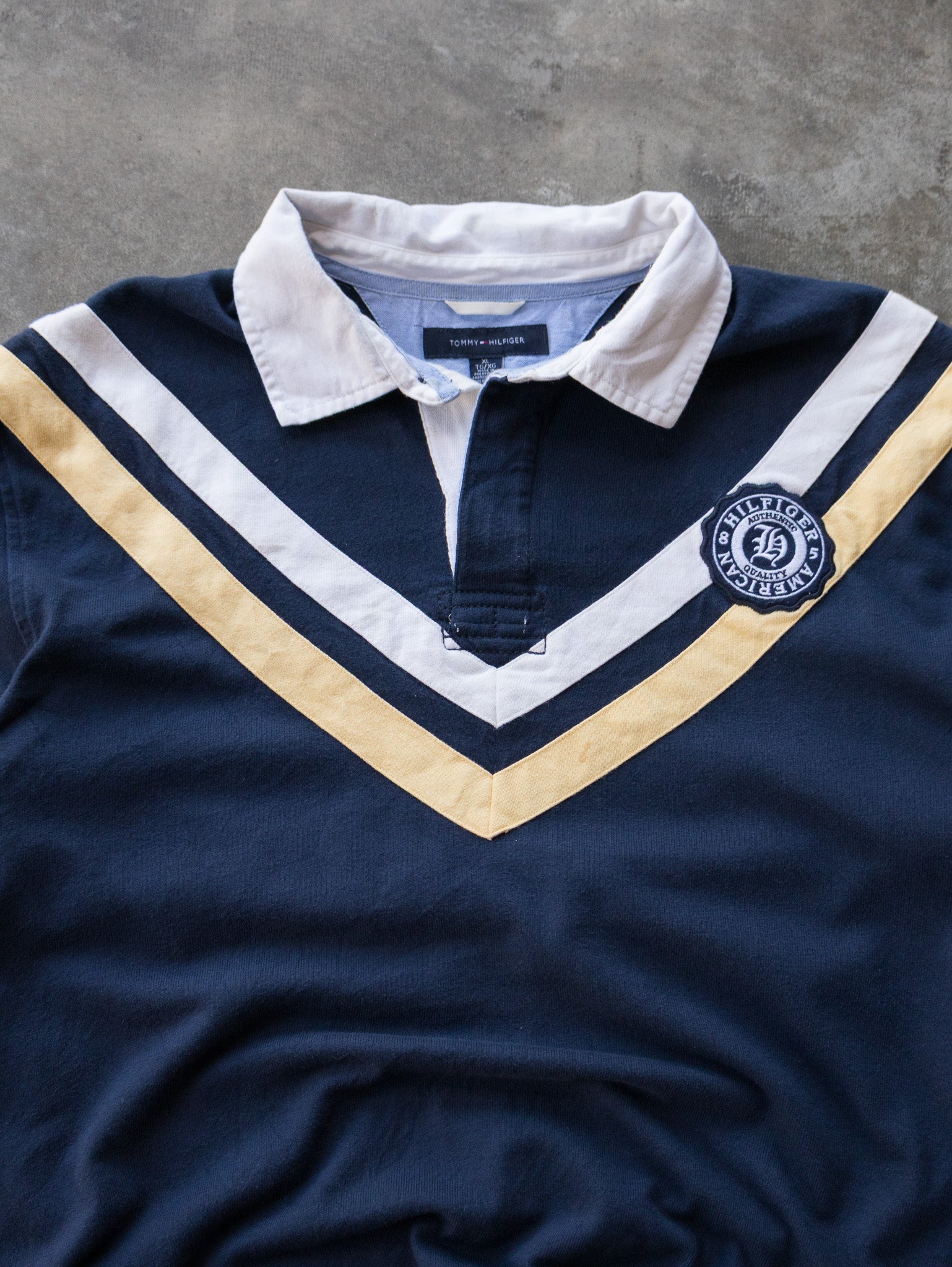 Vintage Navy & Yellow Tommy Hilfiger Chevron Rugby Shirt (XL)