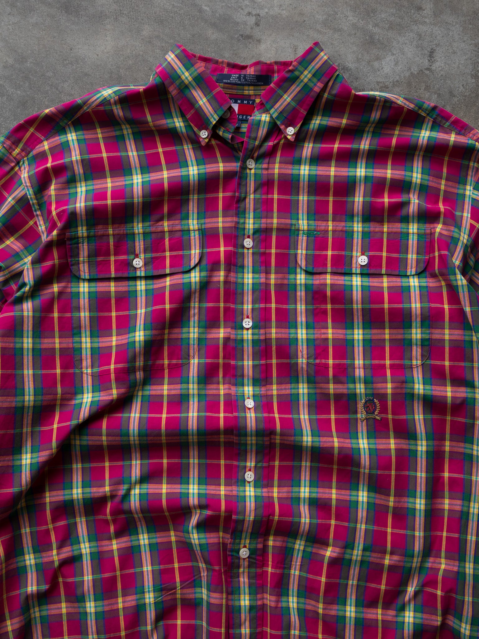 Vintage 90s Pink & Green Tommy Hilfiger Plaid Shirt (L)