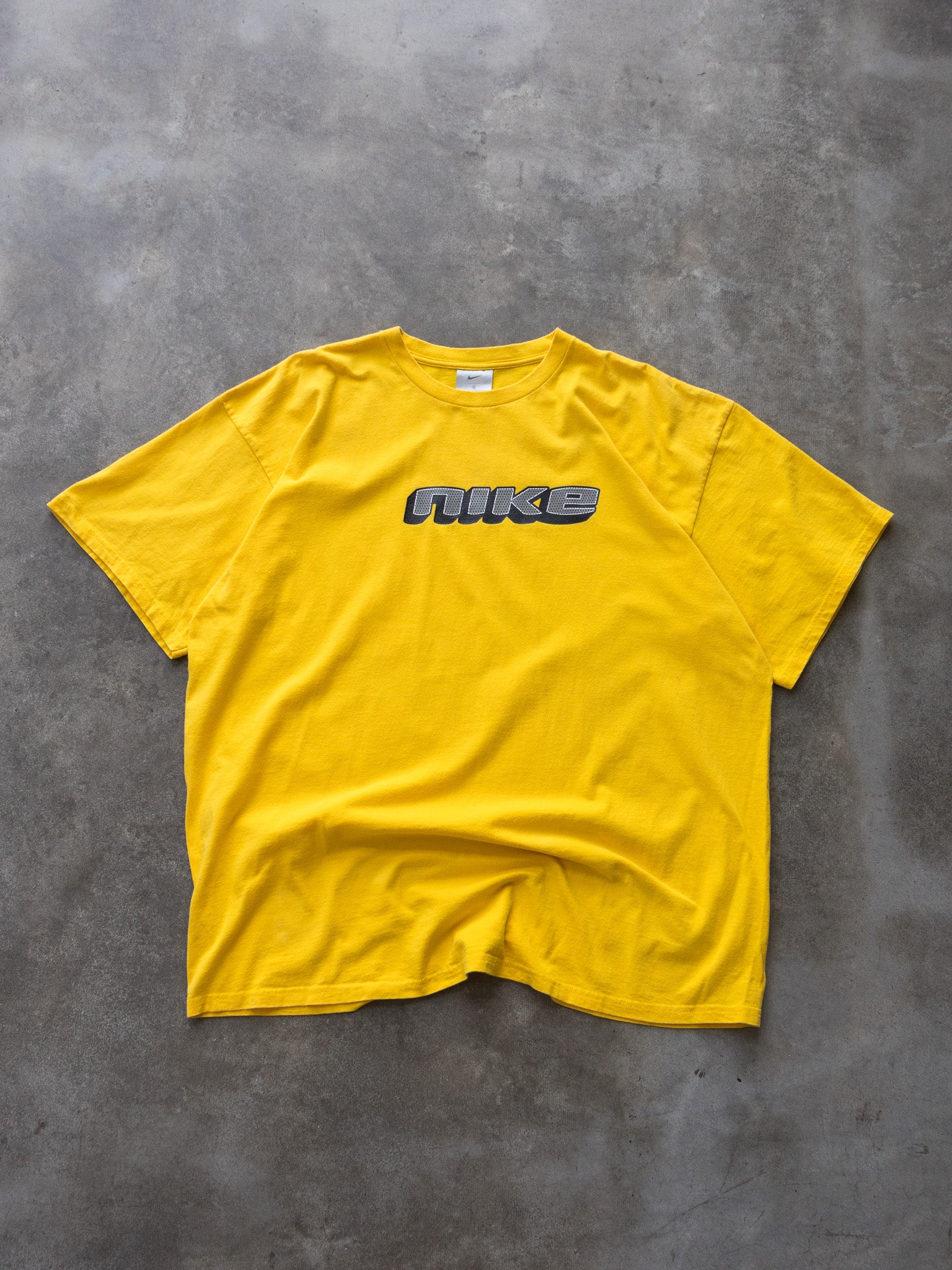 Vintage 00s Yellow Nike Spell Out Graphic Tee (XL)