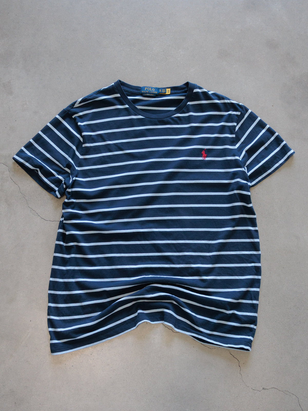 Vintage Navy Striped Polo Ralph Lauren Tee (XL)