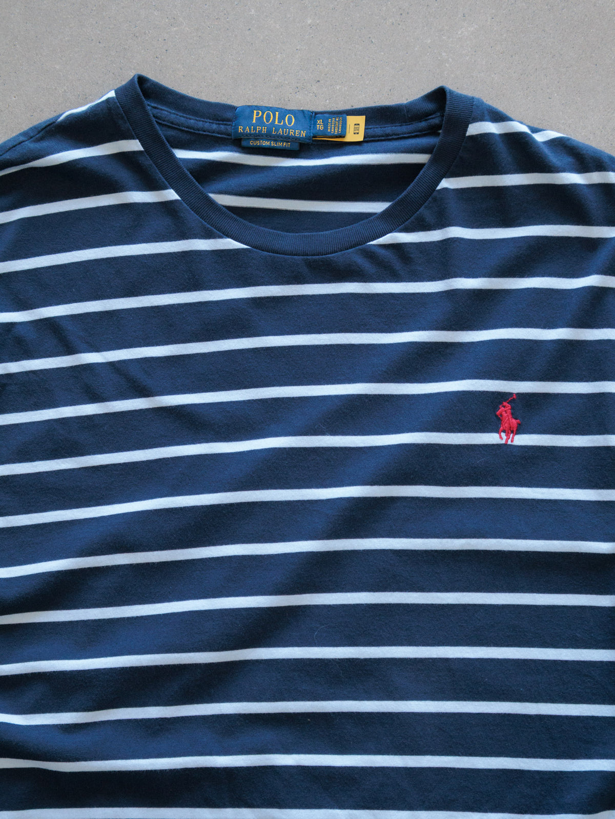 Vintage Navy Striped Polo Ralph Lauren Tee (XL)
