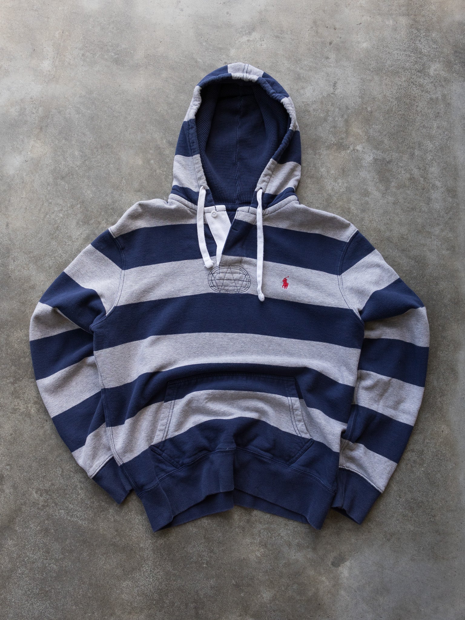 Vintage Navy & Grey Ralph Lauren Striped Hoodie (M)