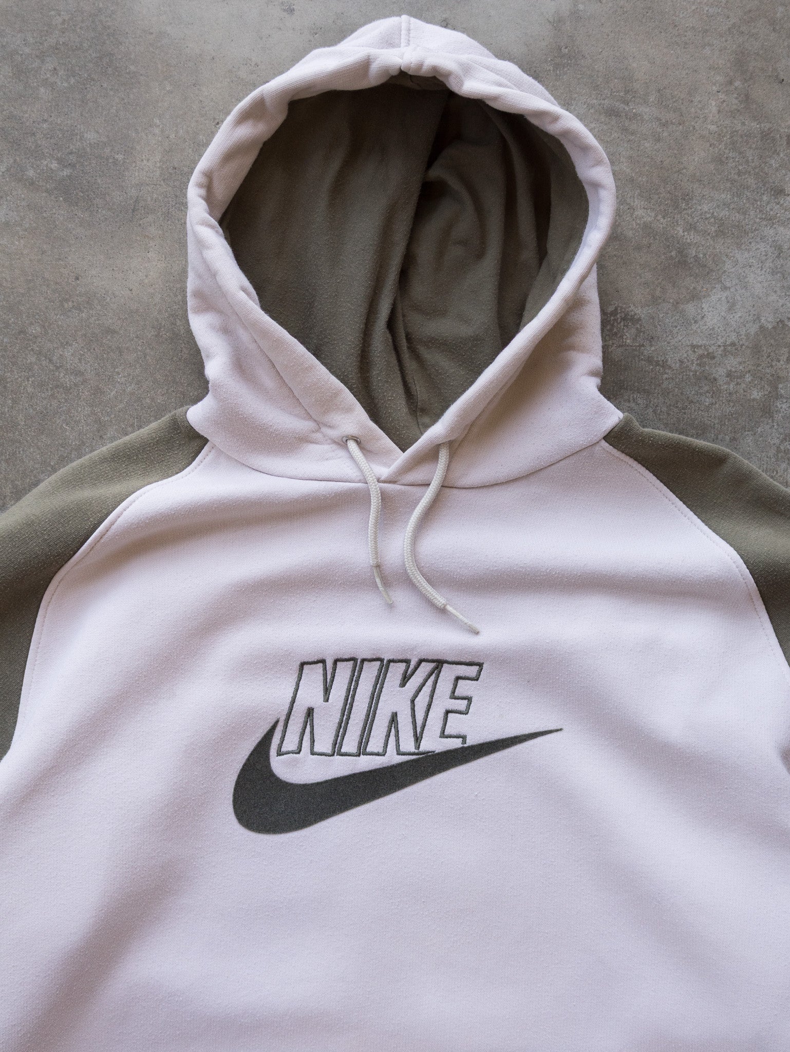 Vintage 00s Cream & Olive Nike Spell Out Hoodie (2XL)