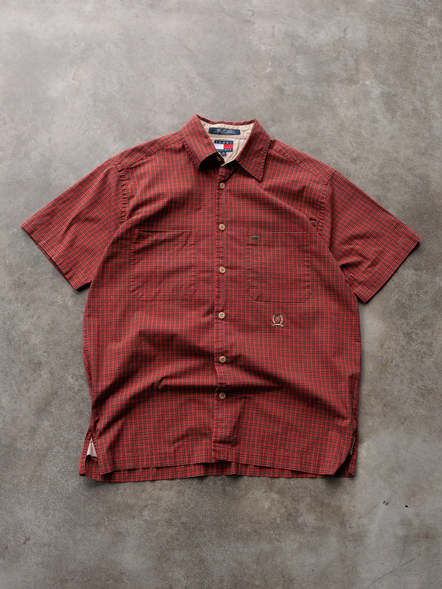 Vintage 00s Red Plaid Tommy Hilfiger Short Sleeve Shirt (M)