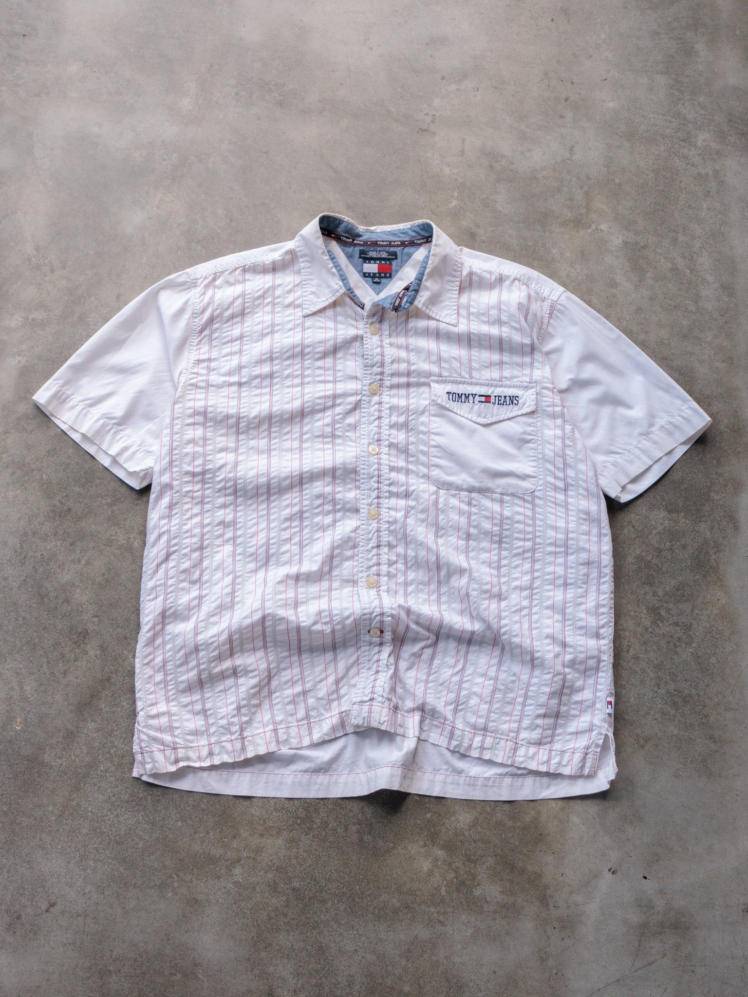 Vintage 00s White Striped Tommy Jeans Short Sleeve Shirt (XL)