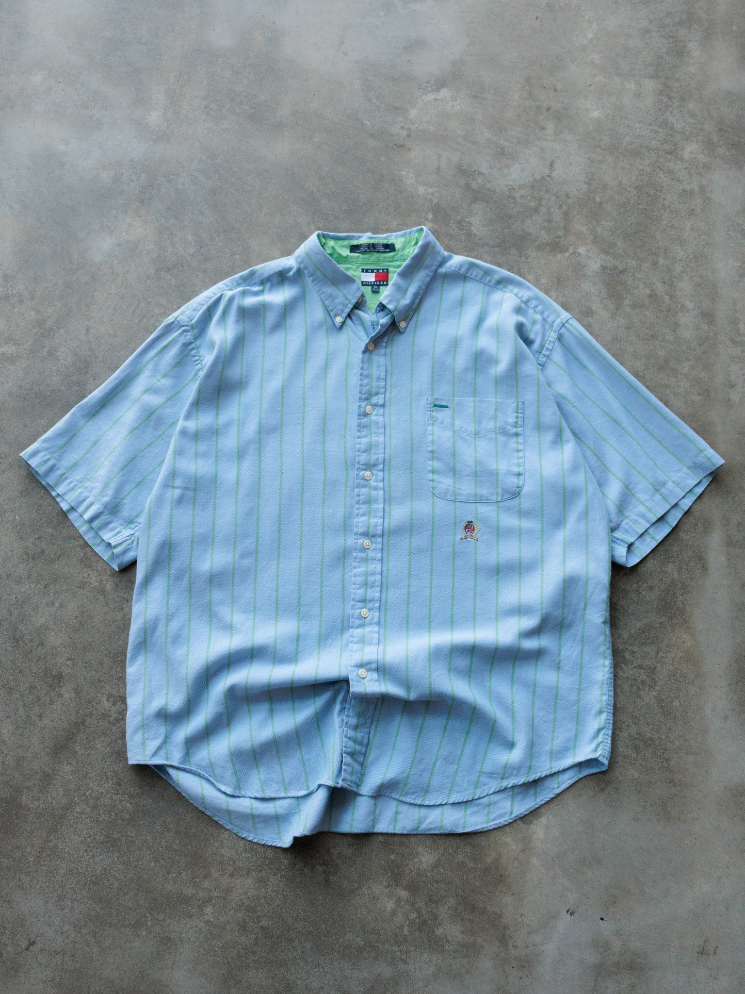 Vintage 90s Blue Striped Tommy Hilfiger Short Sleeve Shirt (XL)