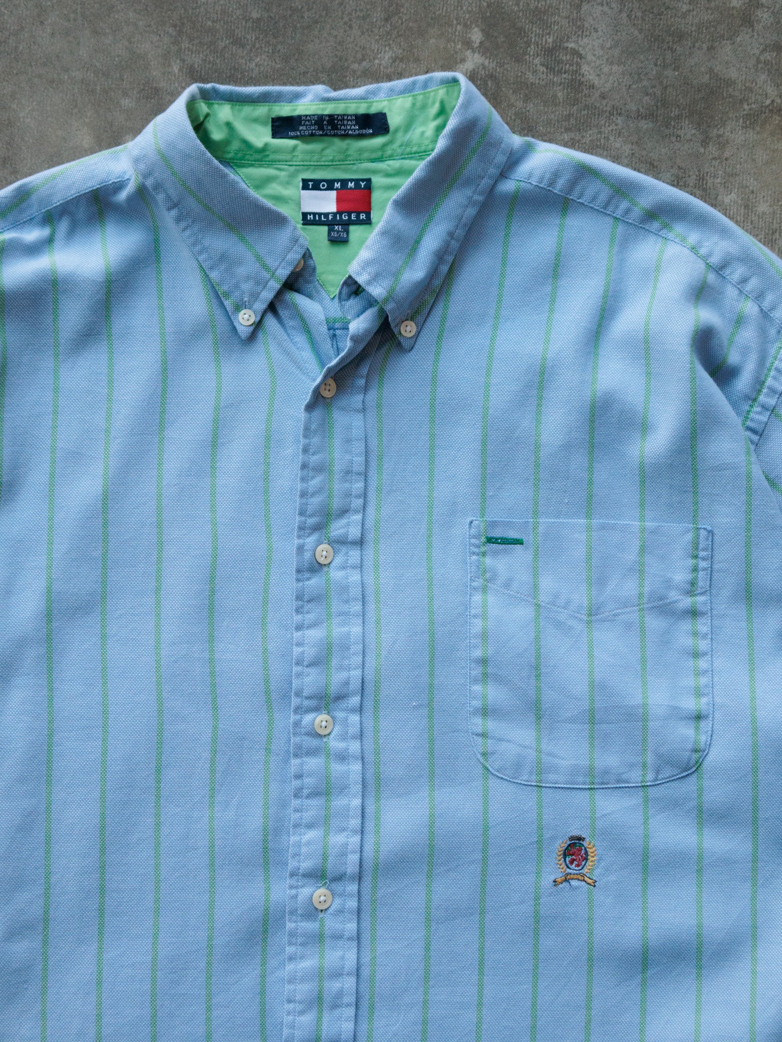Vintage 90s Blue Striped Tommy Hilfiger Short Sleeve Shirt (XL)