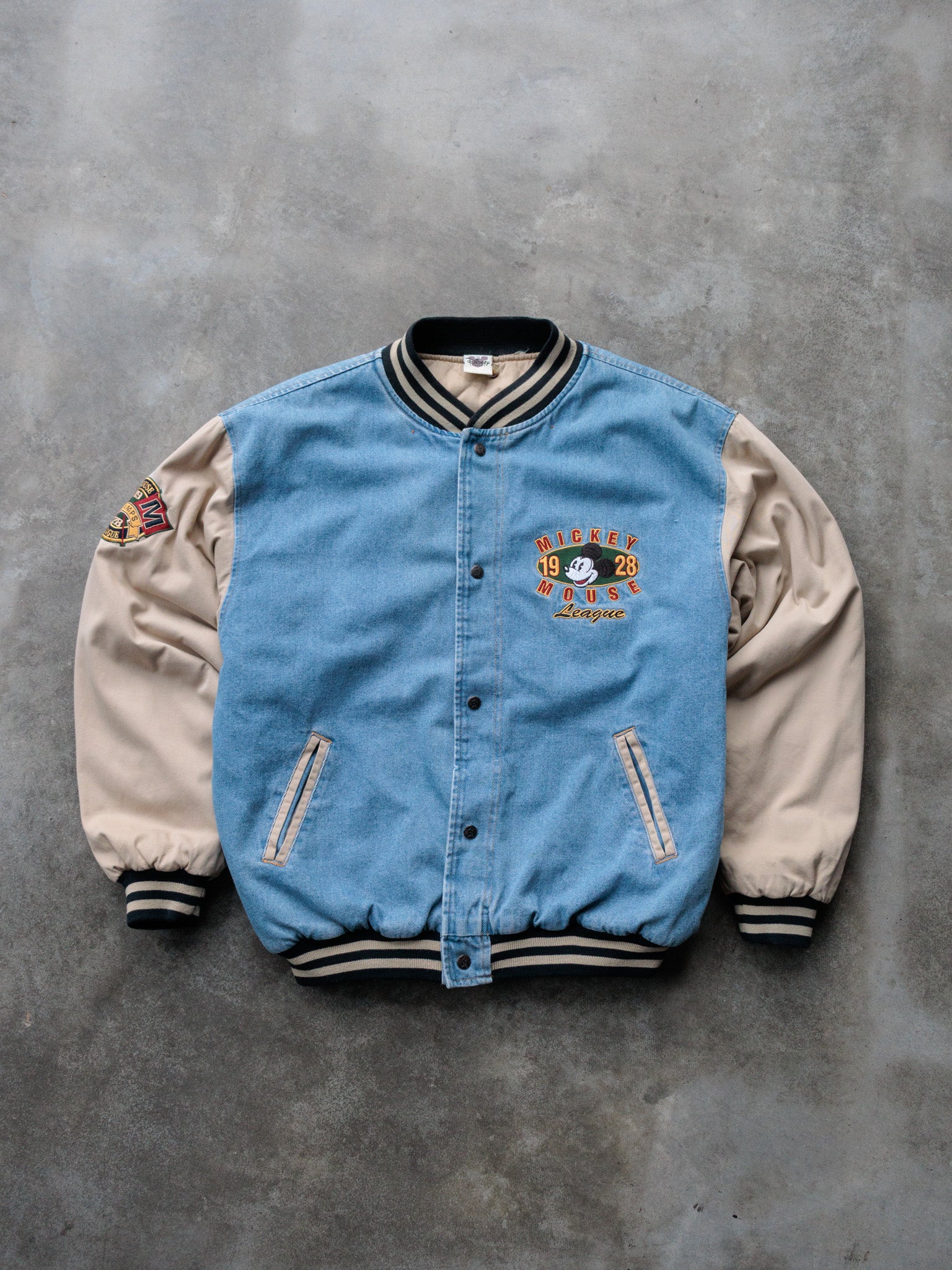 Vintage 90s Blue Denim Disney Mickey Mouse League Jacket (-)