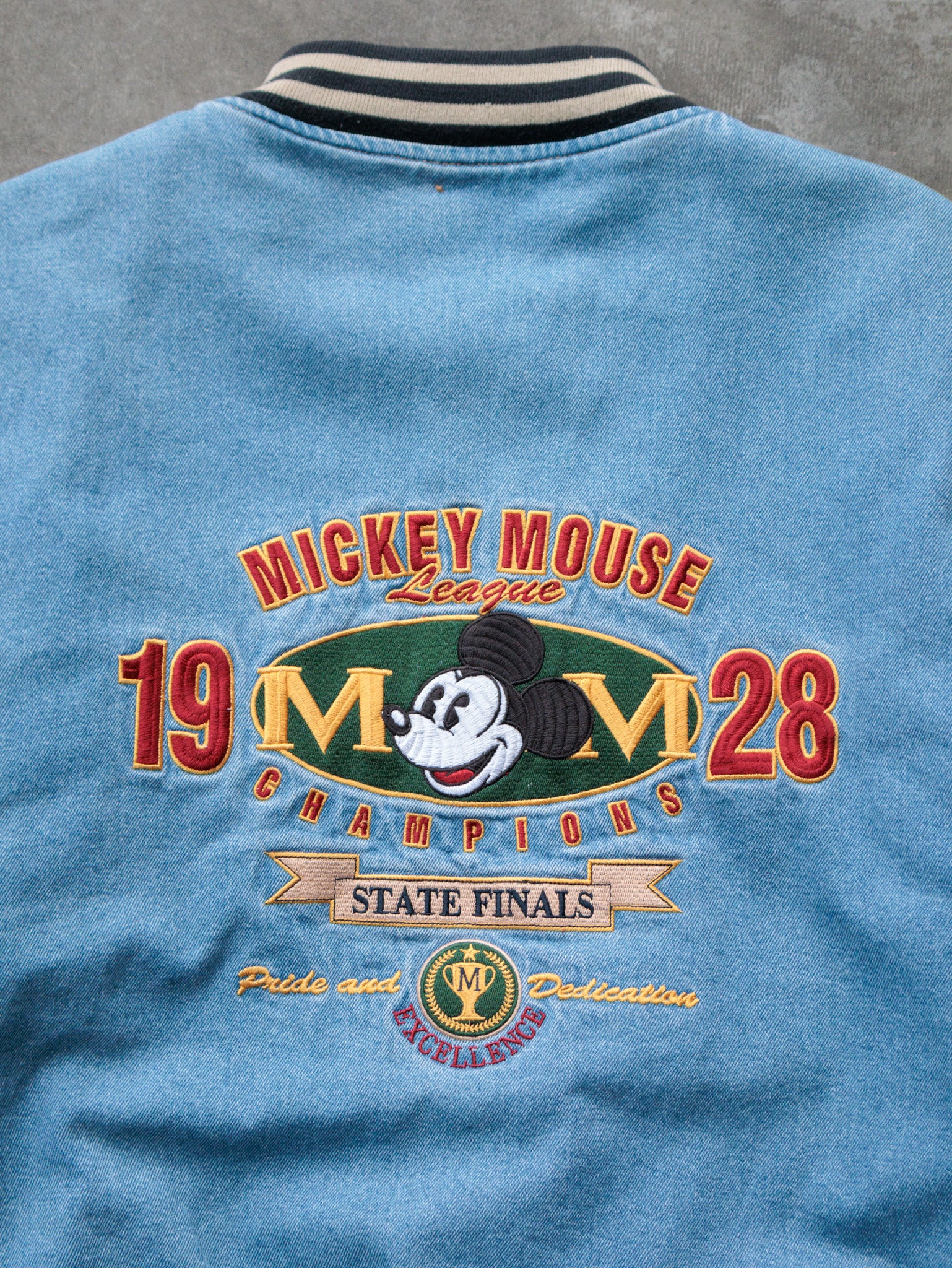 Vintage 90s Blue Denim Disney Mickey Mouse League Jacket (-)