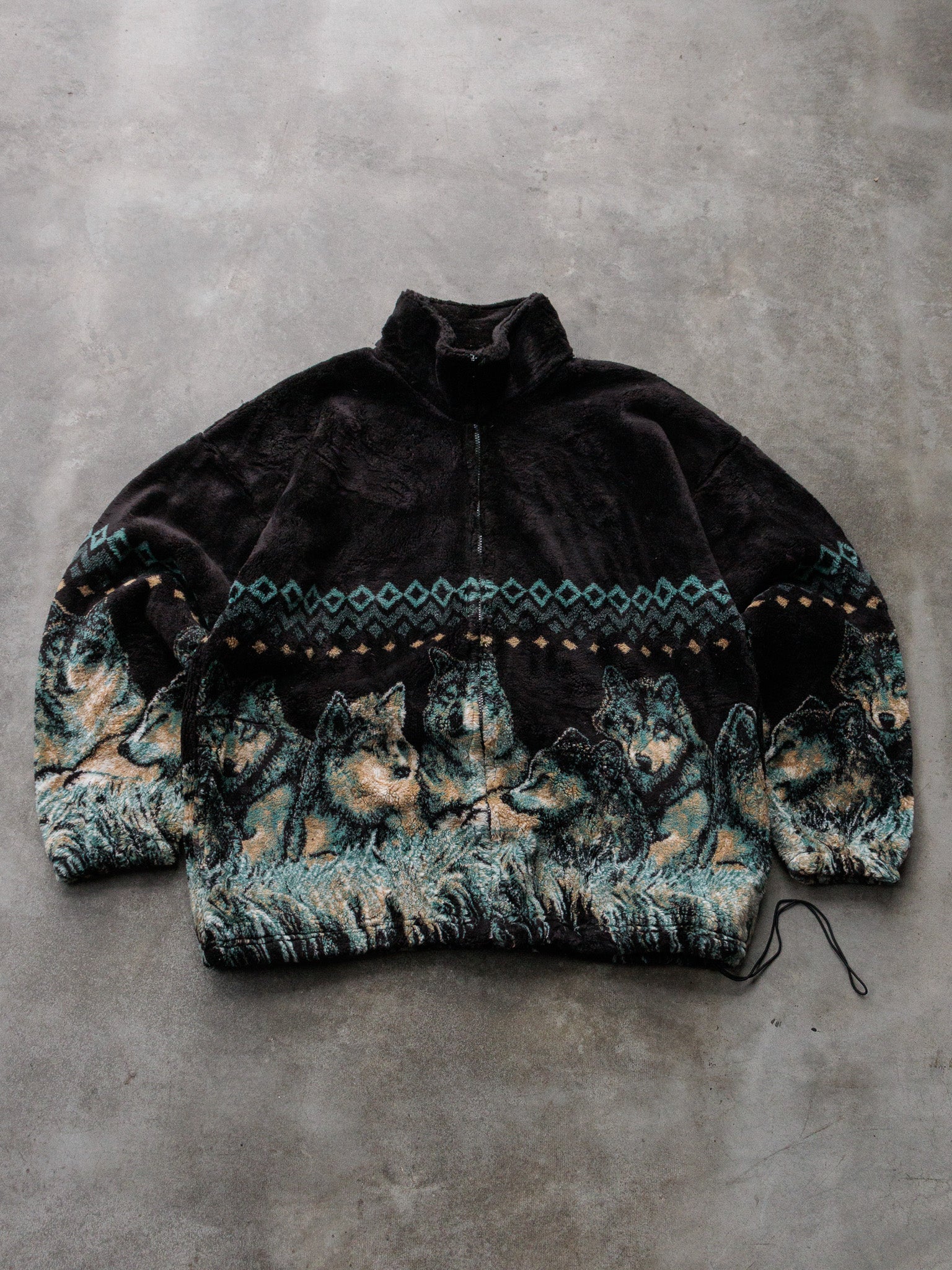 Vintage 90s Black Wolf Fleece Jacket (XL)