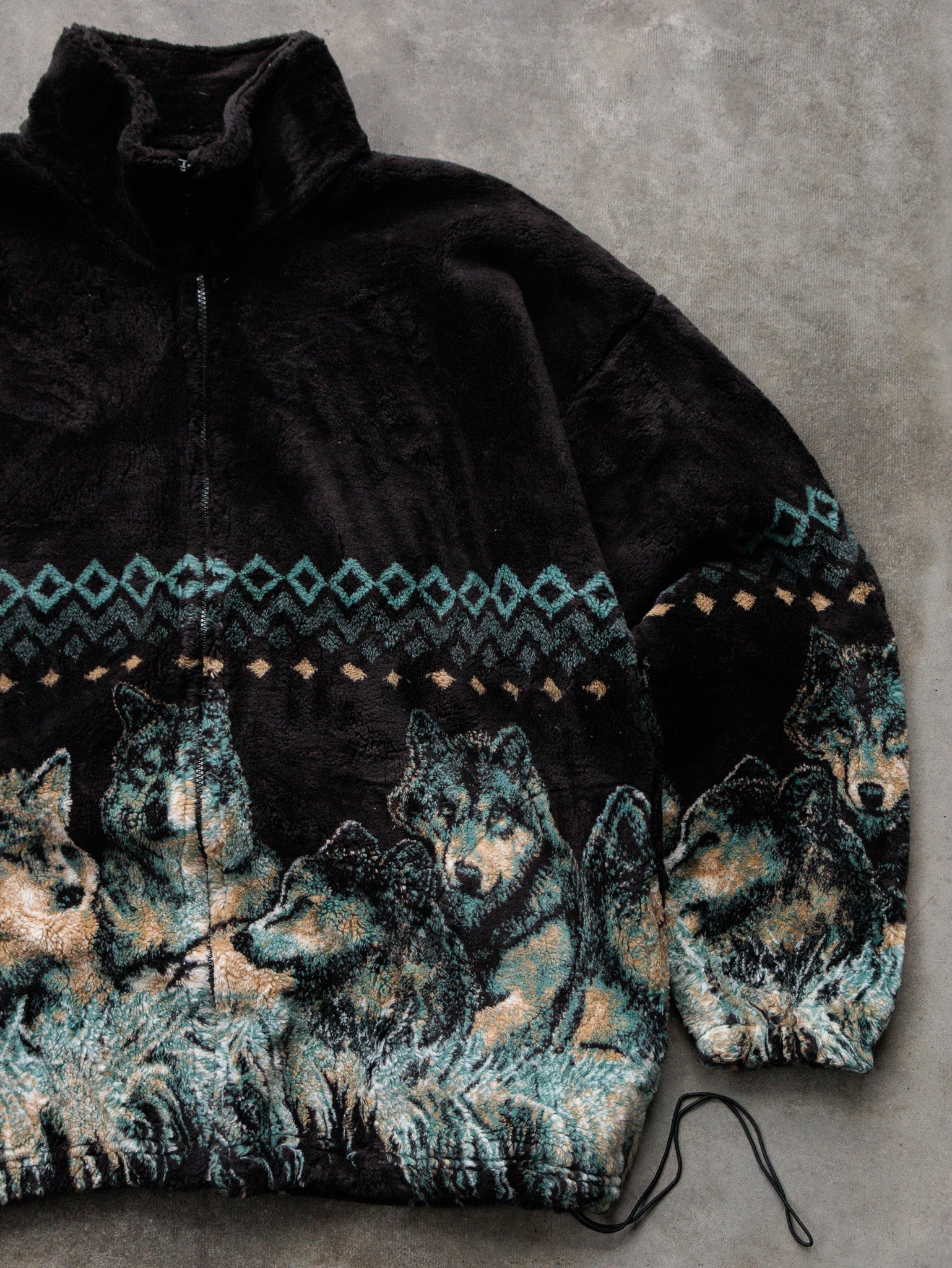 Vintage 90s Black Wolf Fleece Jacket (XL)