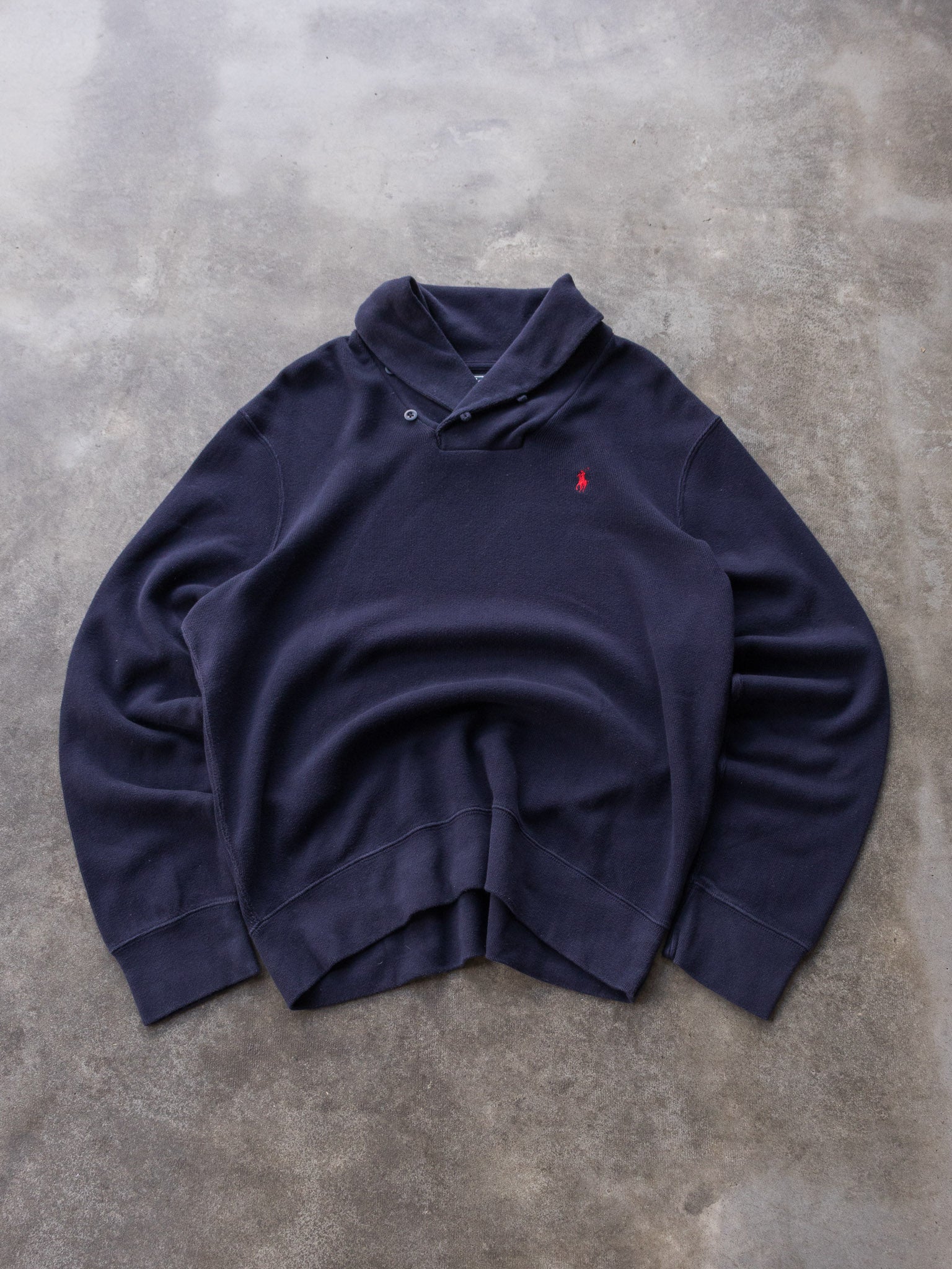 Vintage Navy Polo Ralph Lauren Shawl Neck Knit (XL)