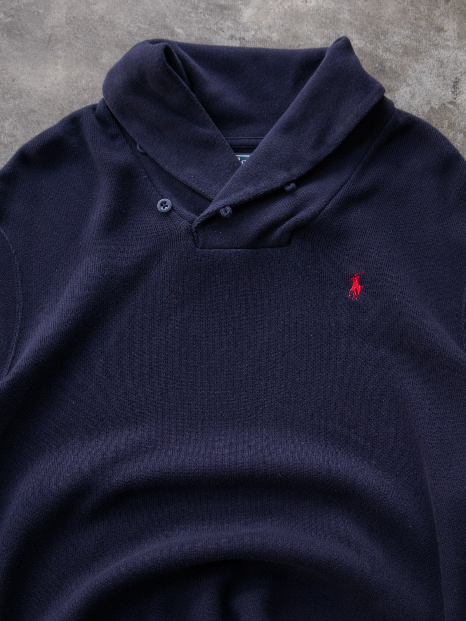 Vintage Navy Polo Ralph Lauren Shawl Neck Knit (XL)