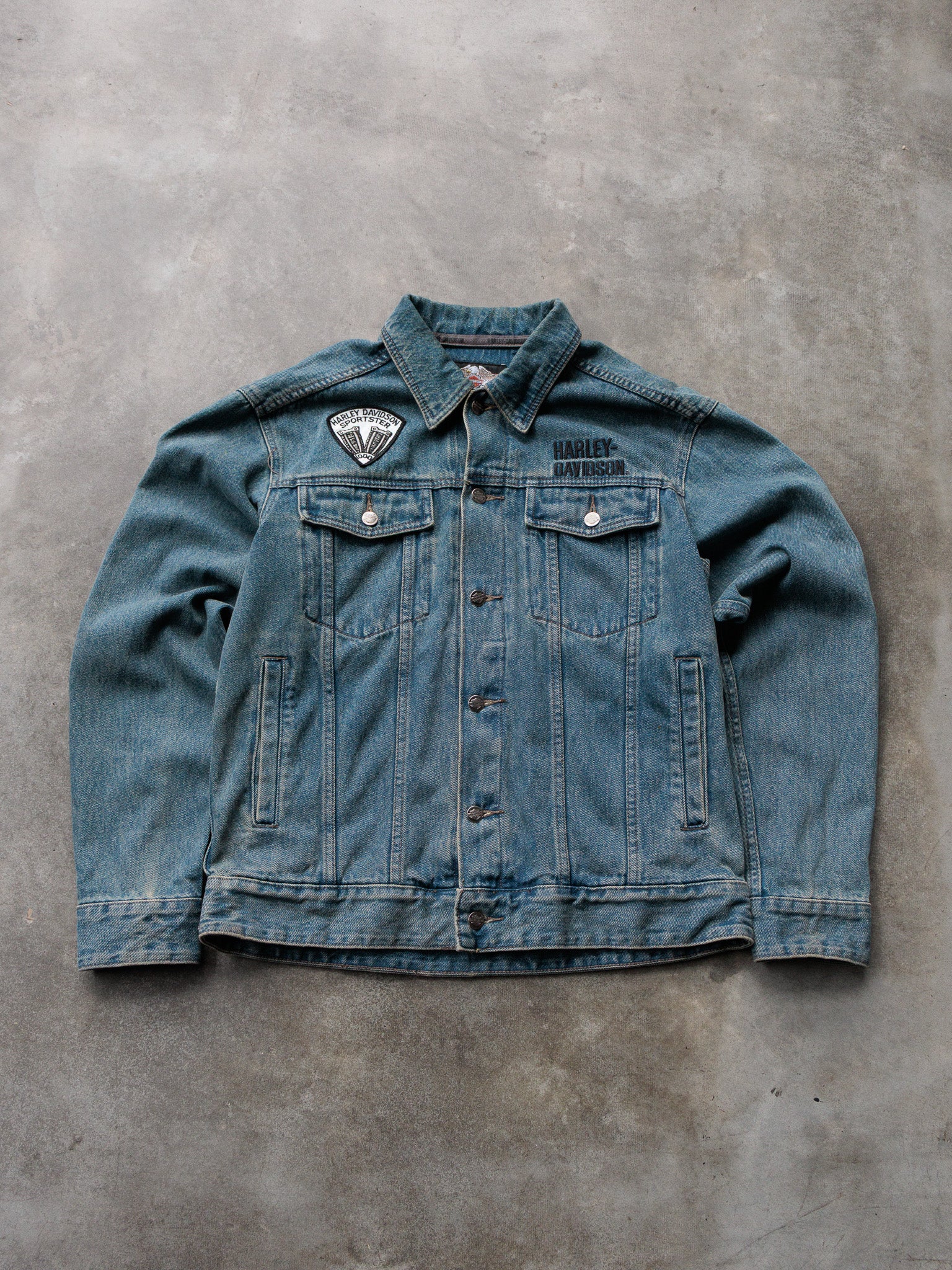 Vintage 00s Blue Harley-Davidson Skull Denim Jacket (M)