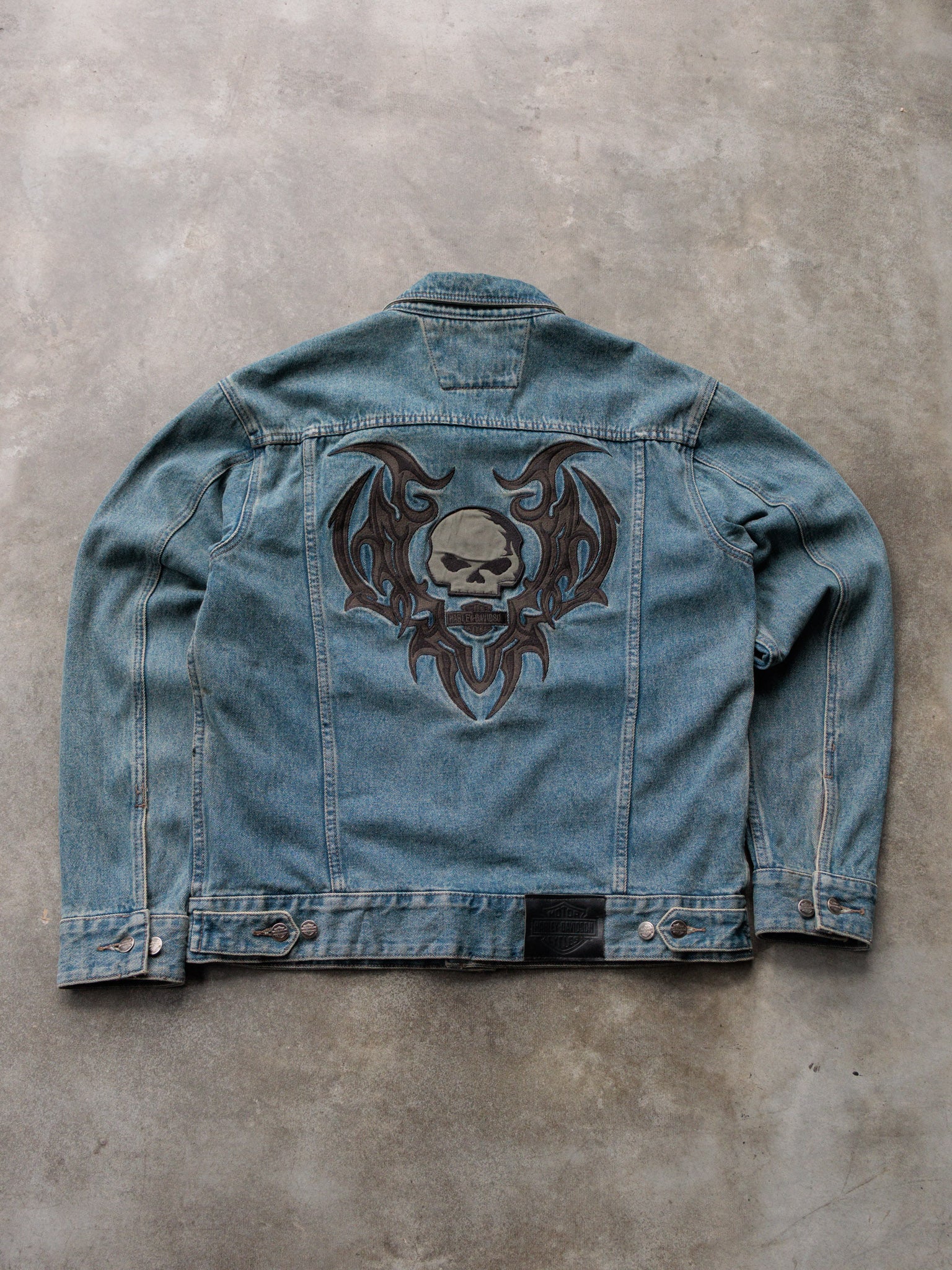 Vintage 00s Blue Harley-Davidson Skull Denim Jacket (M)