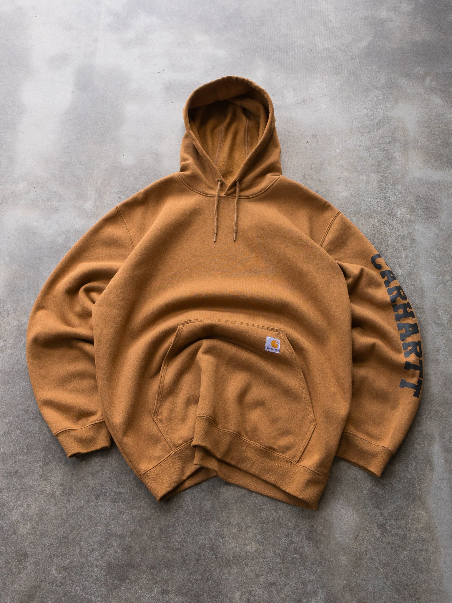 Vintage Brown Carhartt Sleeve Spell Out Hoodie (XL)