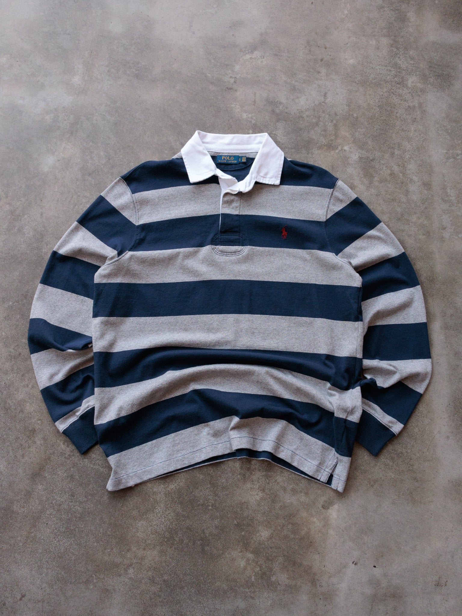 Vintage Navy Striped Polo Ralph Lauren Rugby Shirt (L)
