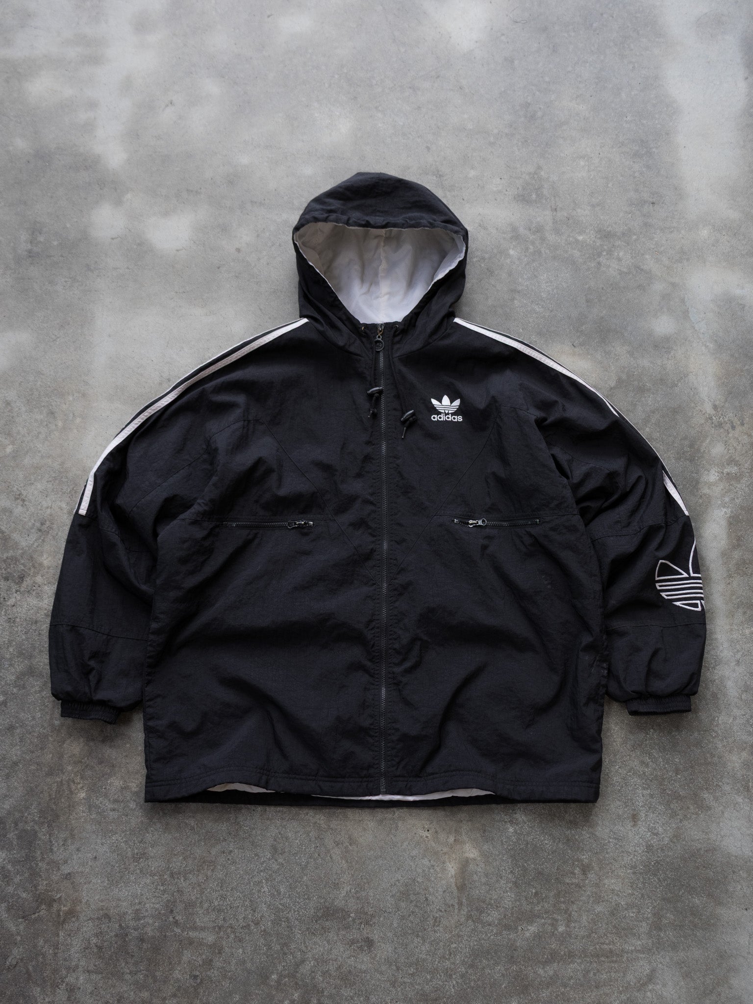Vintage Black Adidas Trefoil Hooded Jacket (2XL)