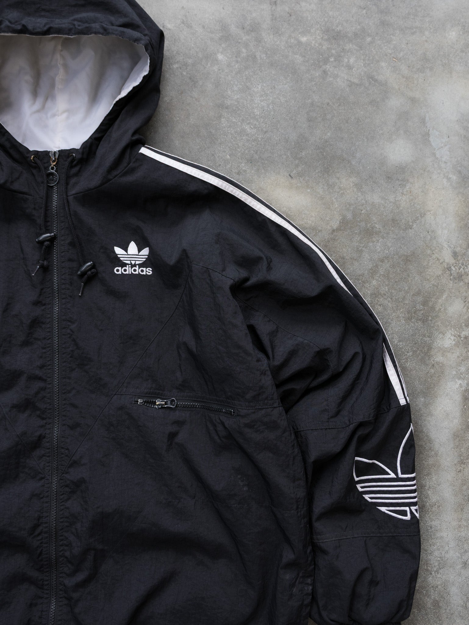 Vintage Black Adidas Trefoil Hooded Jacket (2XL)