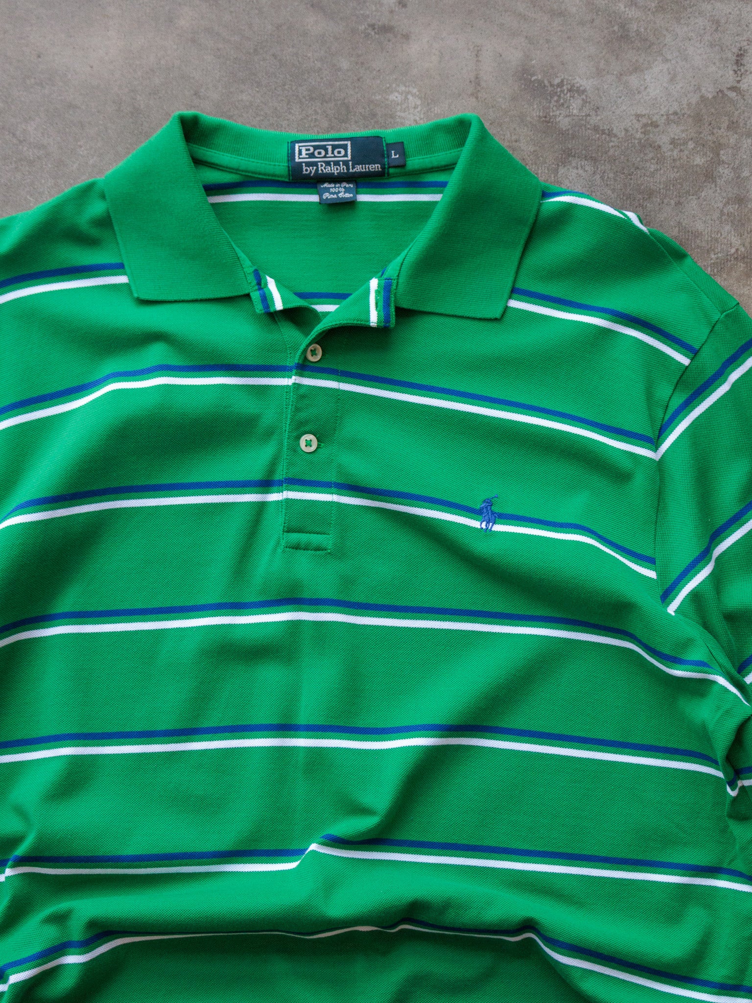 Vintage Green Striped Polo Ralph Lauren Long Sleeve Polo Shirt (L)