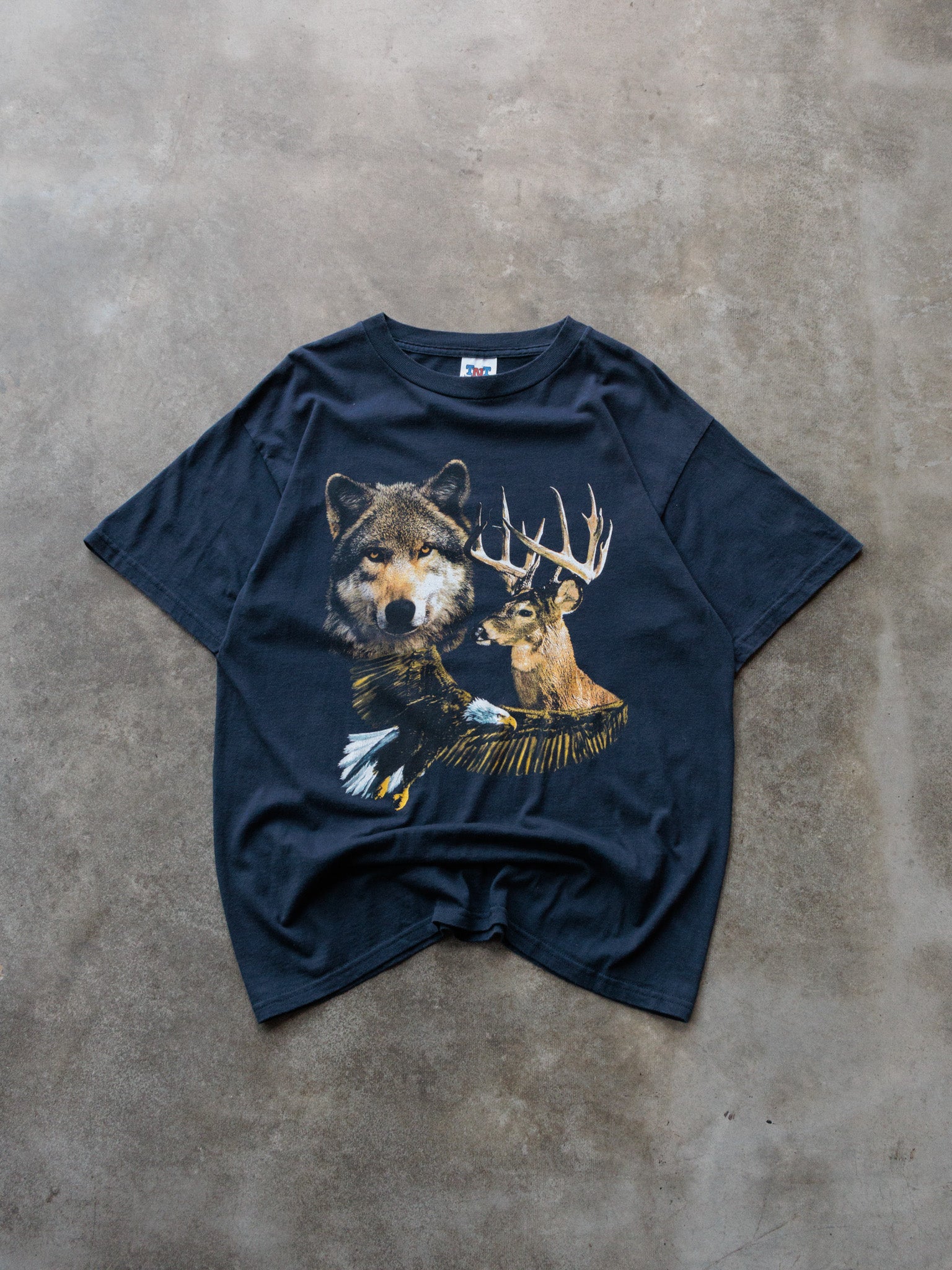 Vintage 90s Navy Wolf, Deer & Eagle Wildlife Tee (L)