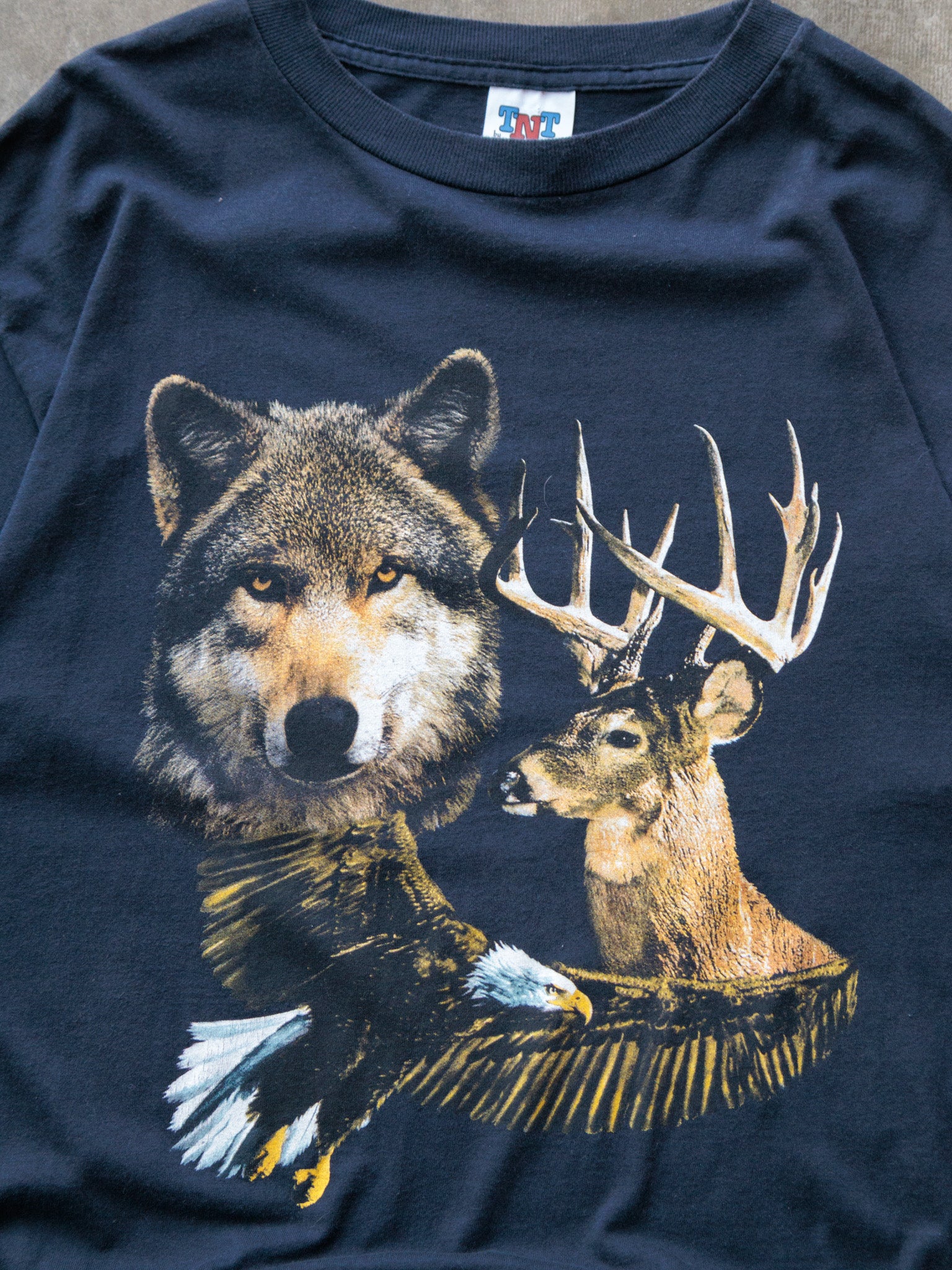 Vintage 90s Navy Wolf, Deer & Eagle Wildlife Tee (L)