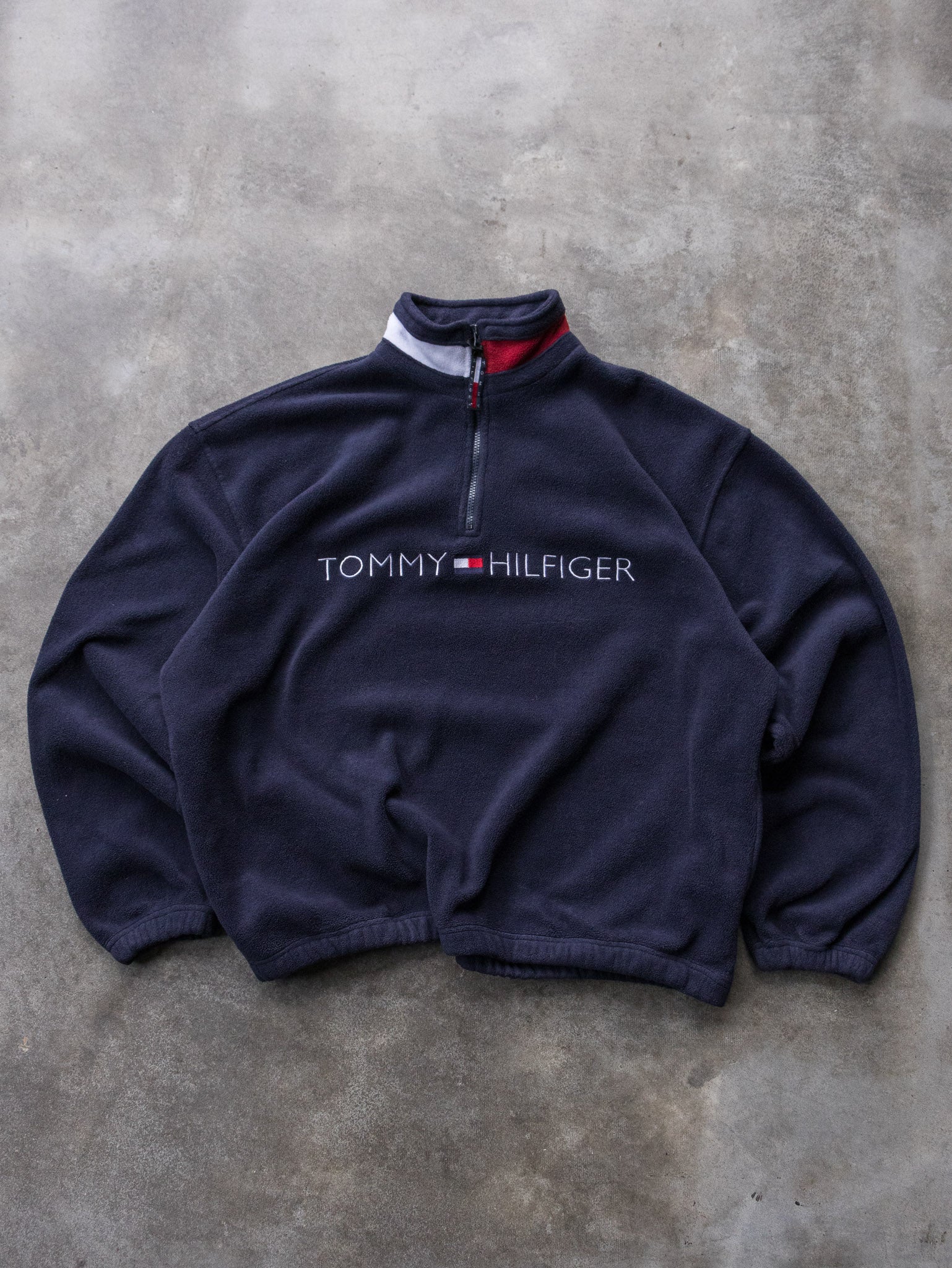 Vintage 90s Navy Tommy Hilfiger Quarter-Zip Fleece Sweatshirt (XL)