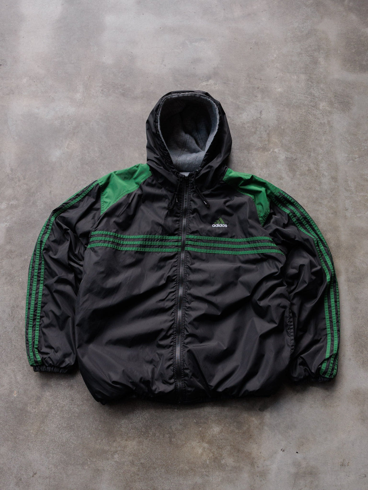 Vintage Grey & Black Adidas Reversible Spell Out Hooded Jacket (M)