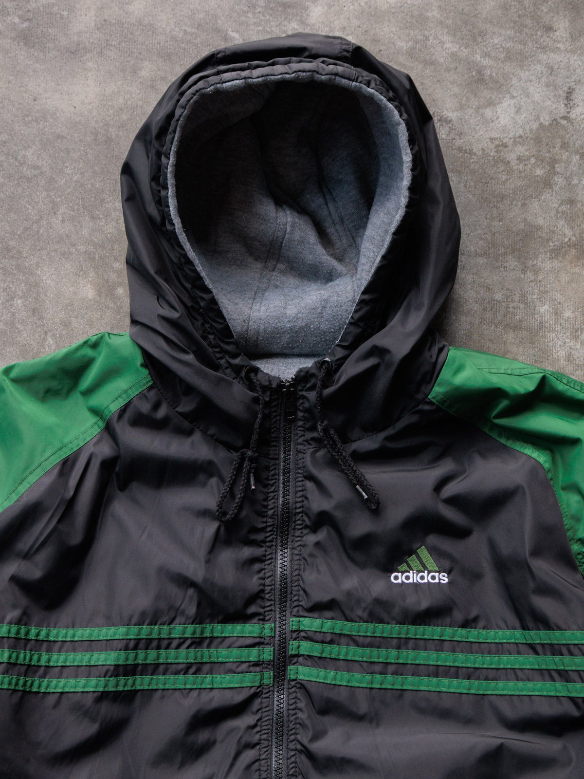Vintage Grey & Black Adidas Reversible Spell Out Hooded Jacket (M)
