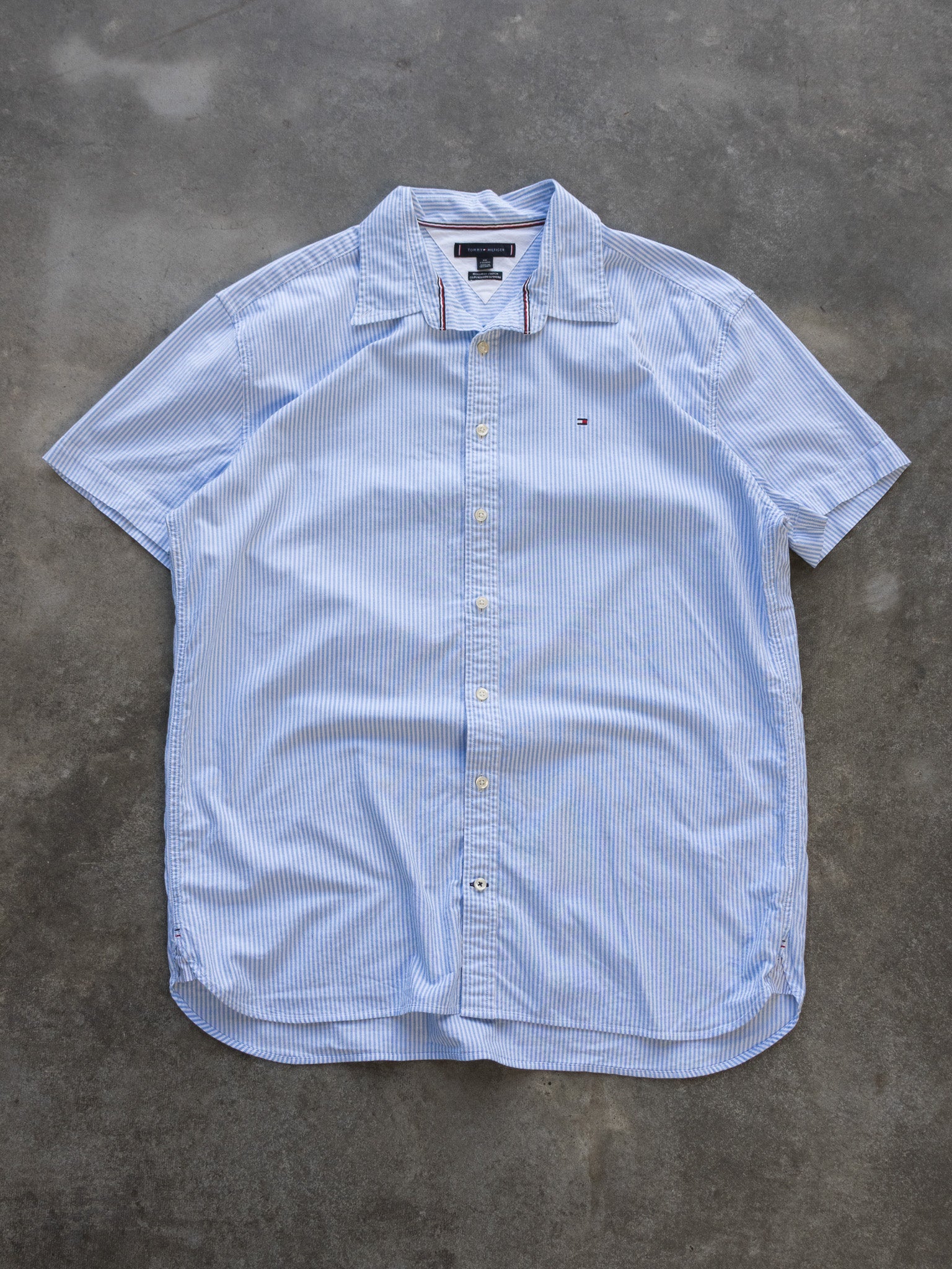 Vintage Blue Tommy Hilfiger Short Sleeve Stripe Shirt (2XL)