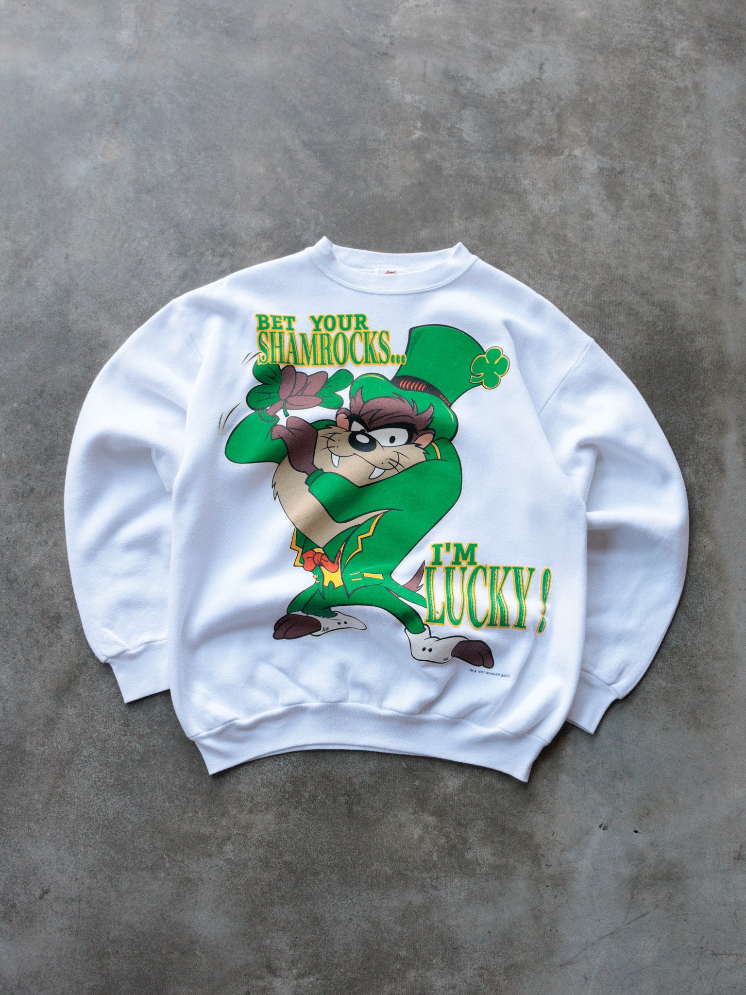 Vintage 90s White Looney Tunes Taz St. Patrick's Day Sweatshirt (M)
