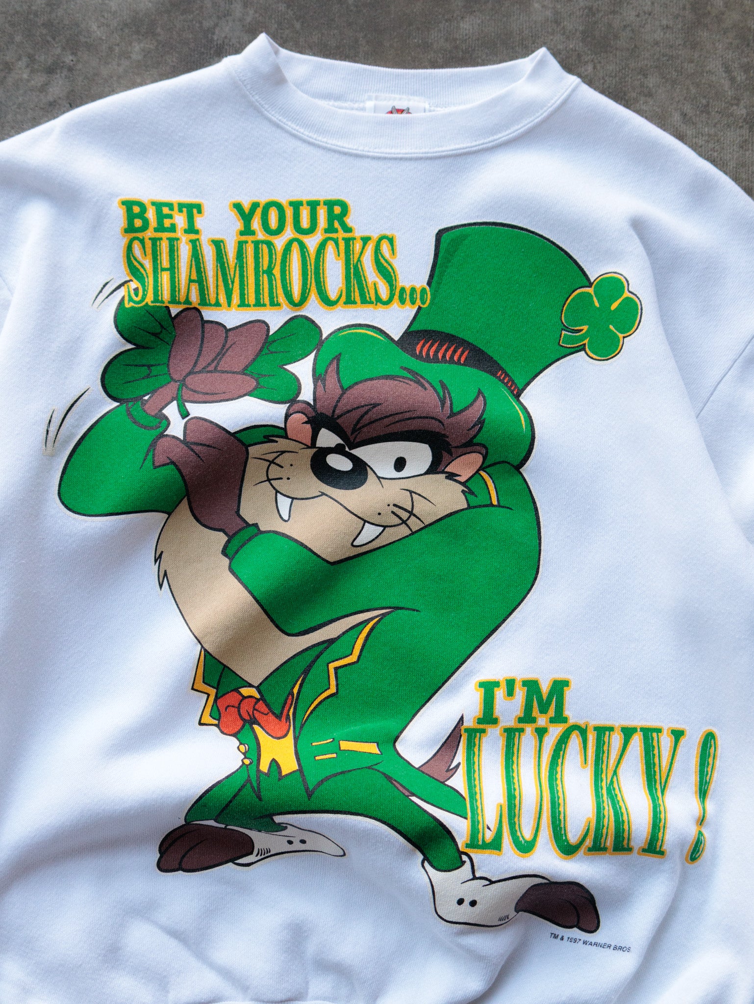 Vintage 90s White Looney Tunes Taz St. Patrick's Day Sweatshirt (M)