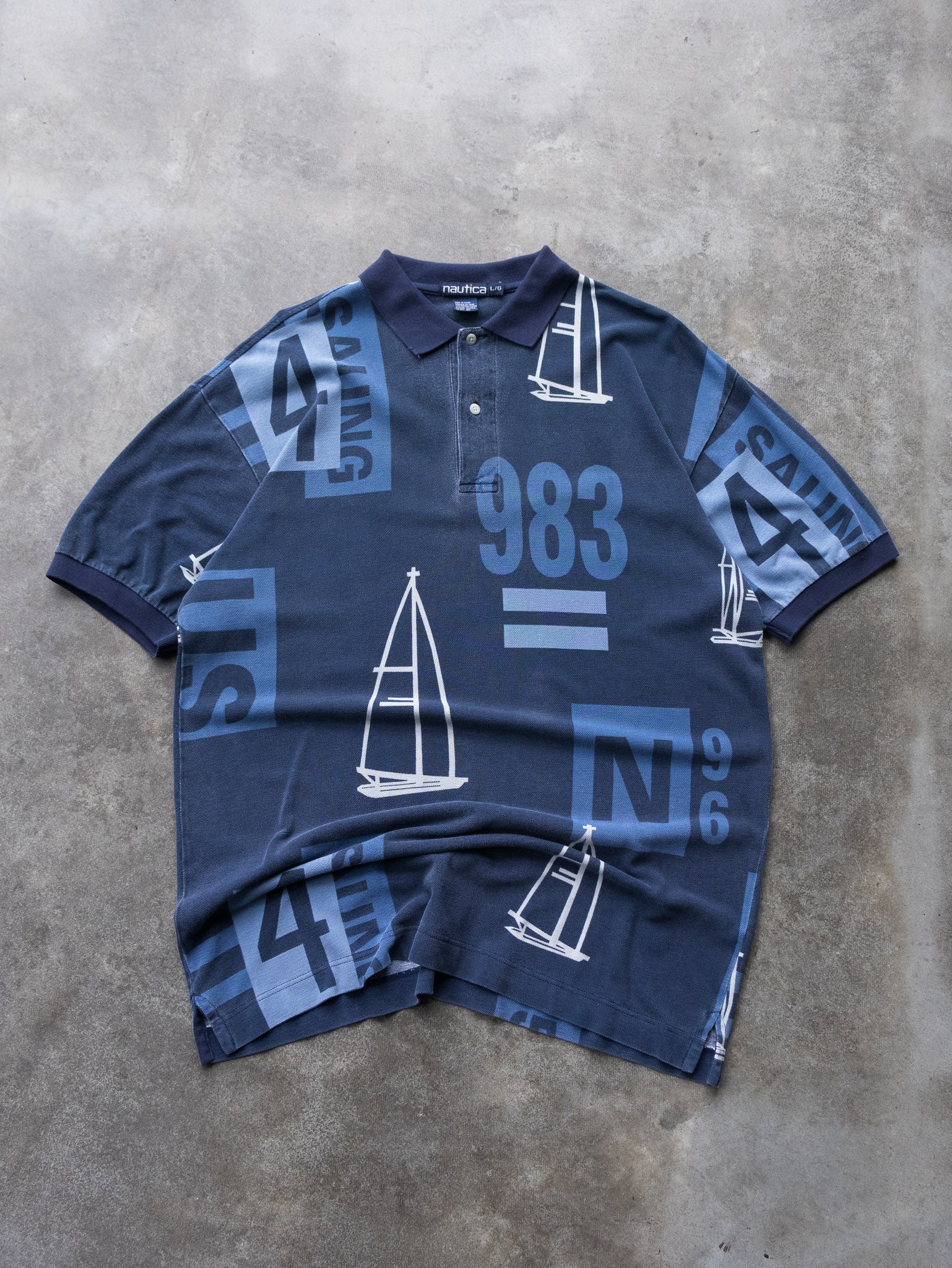 Vintage 90s Navy Nautica All Over Print Polo Shirt (L)