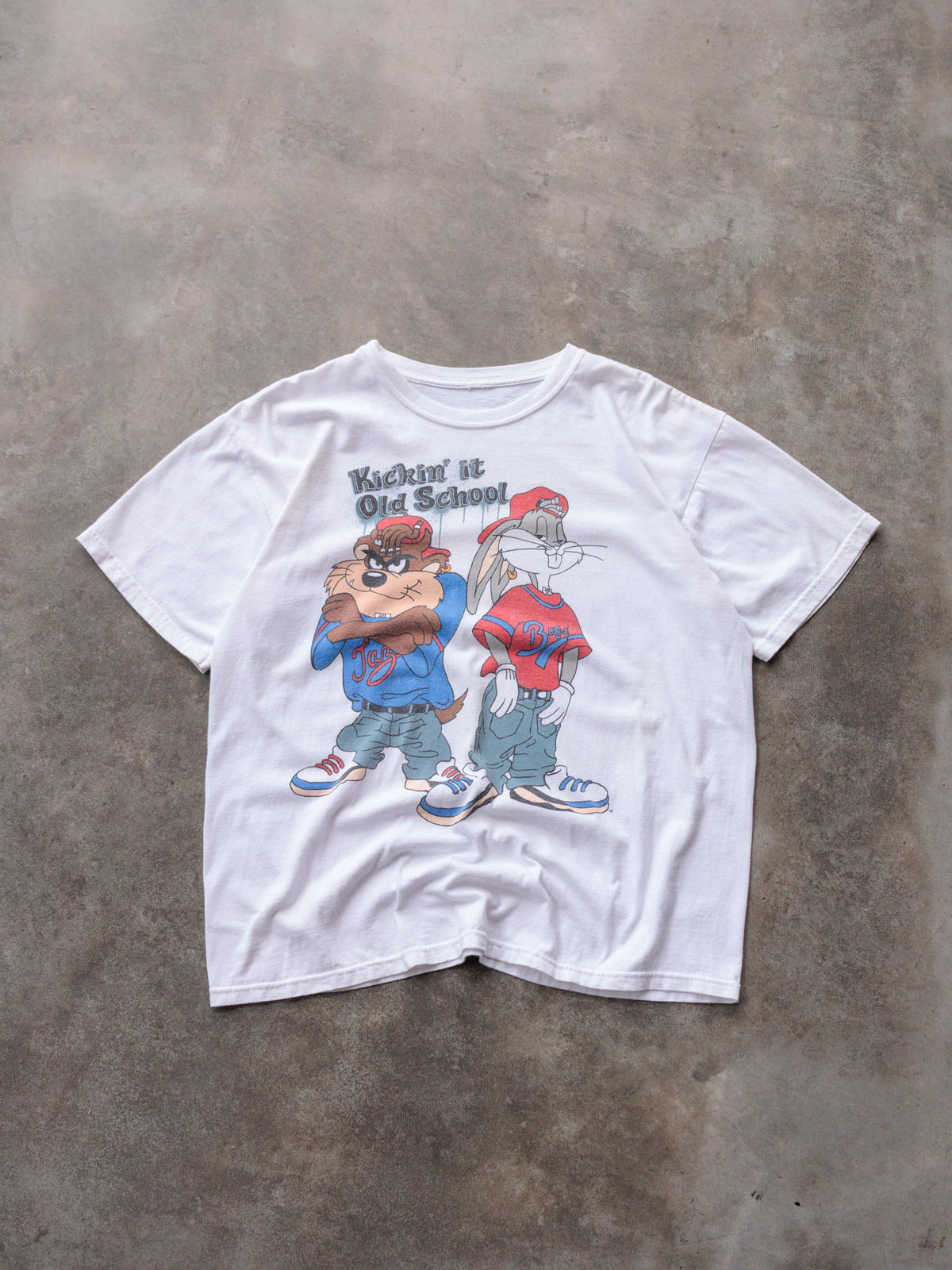 Vintage 90s White Looney Tunes Bugs Bunny & Taz Kickin' It Old School Slogan Tee (-)