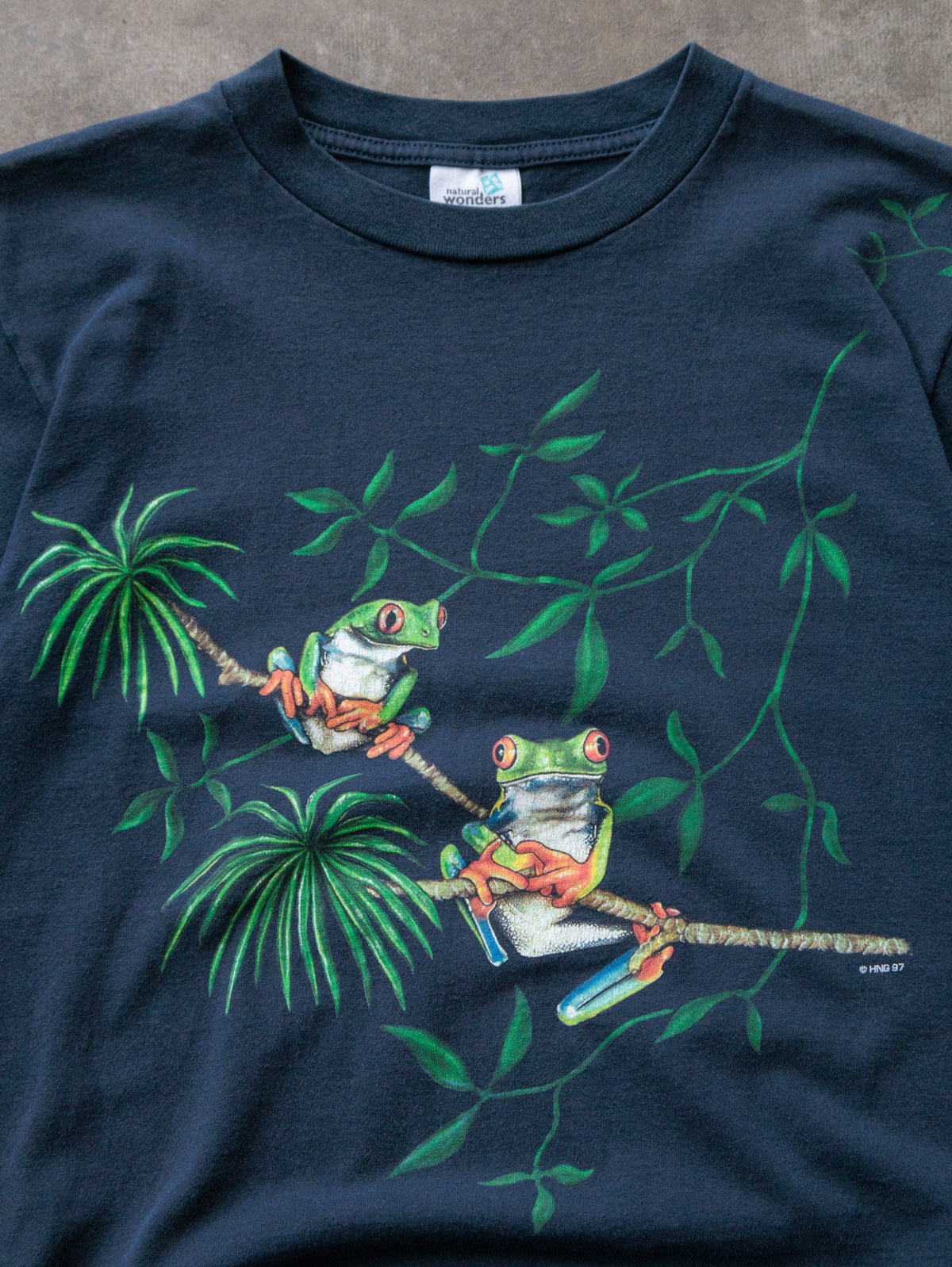 Vintage 90s Navy Natural Wonders Red-Eyed Tree Frog Tee (M)