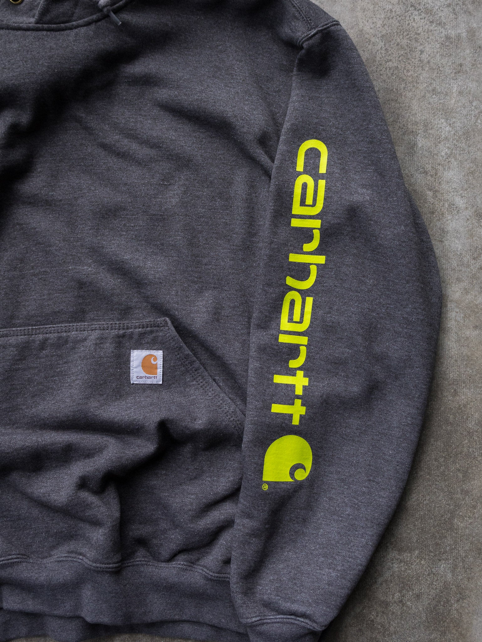 Vintage Charcoal Carhartt Sleeve Spell Out Hoodie (L)